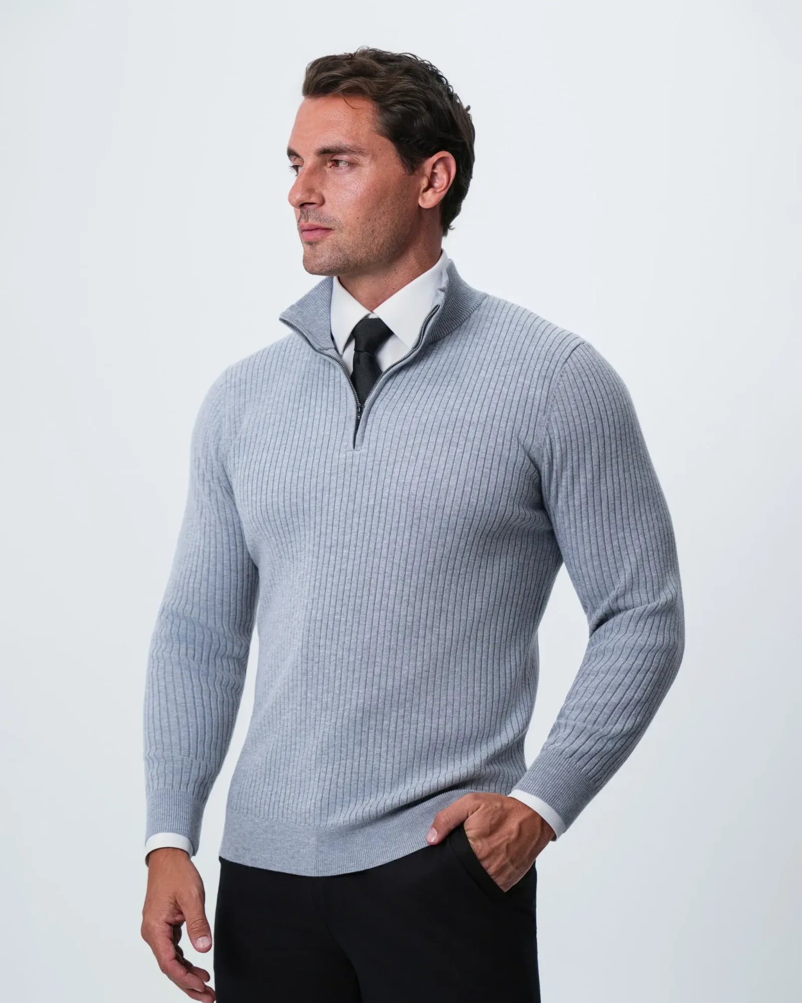 Mid-Weight Ribbed Quarter Zip – Light Grey
