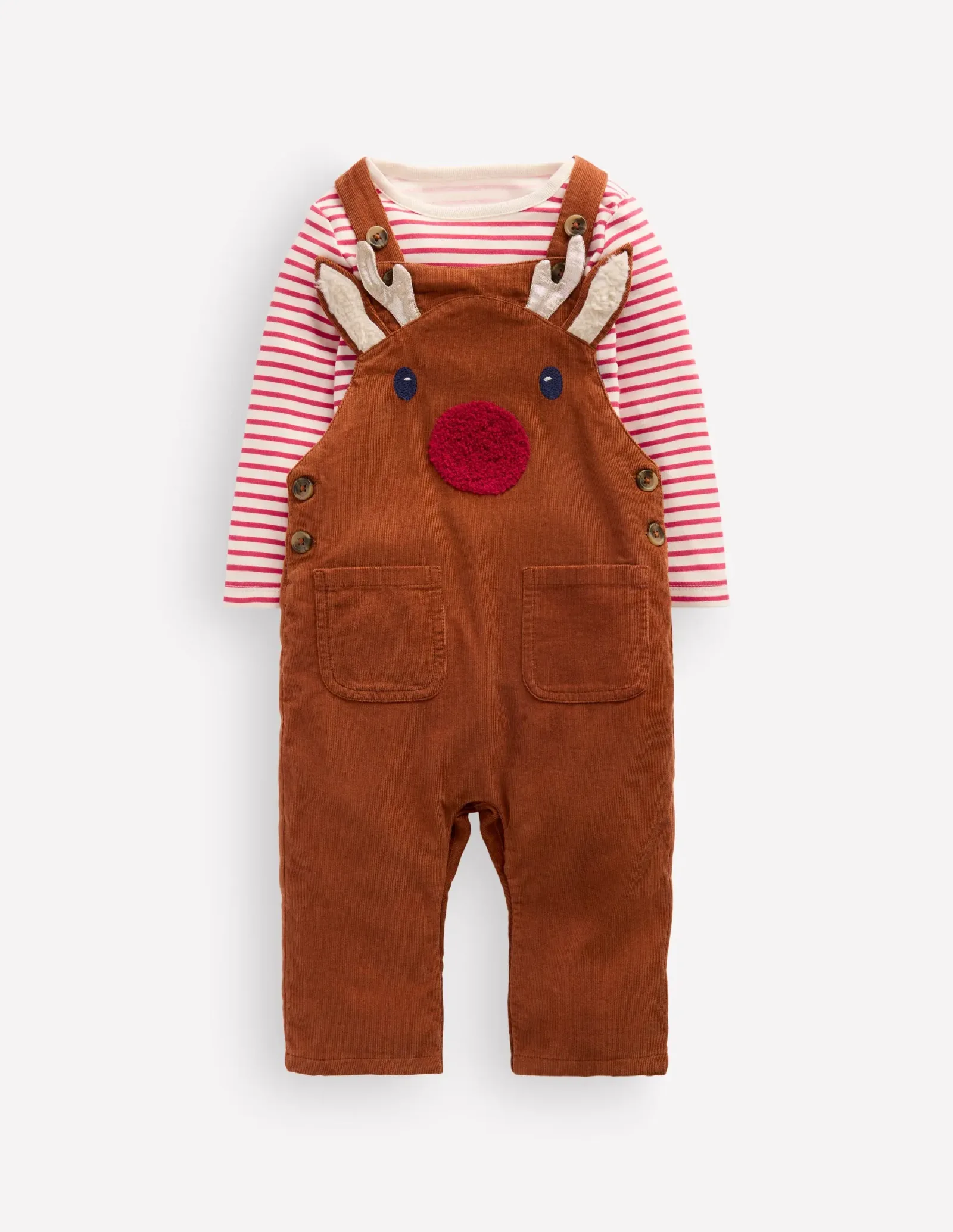 Novelty Cord Dungaree Set-Brown Reindeer