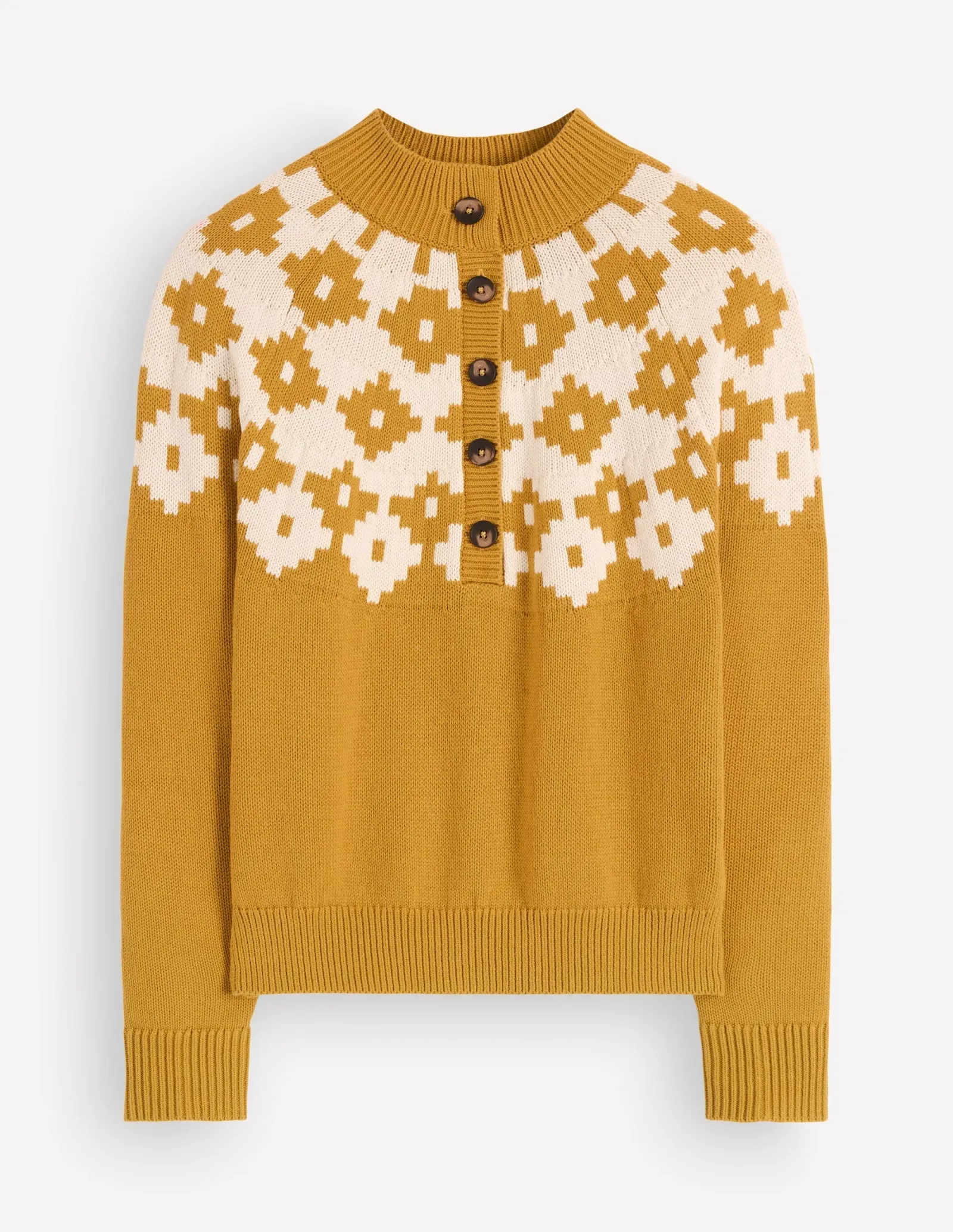 Lara Cotton Button Neck Jumper-Golden Rye, Fair Isle