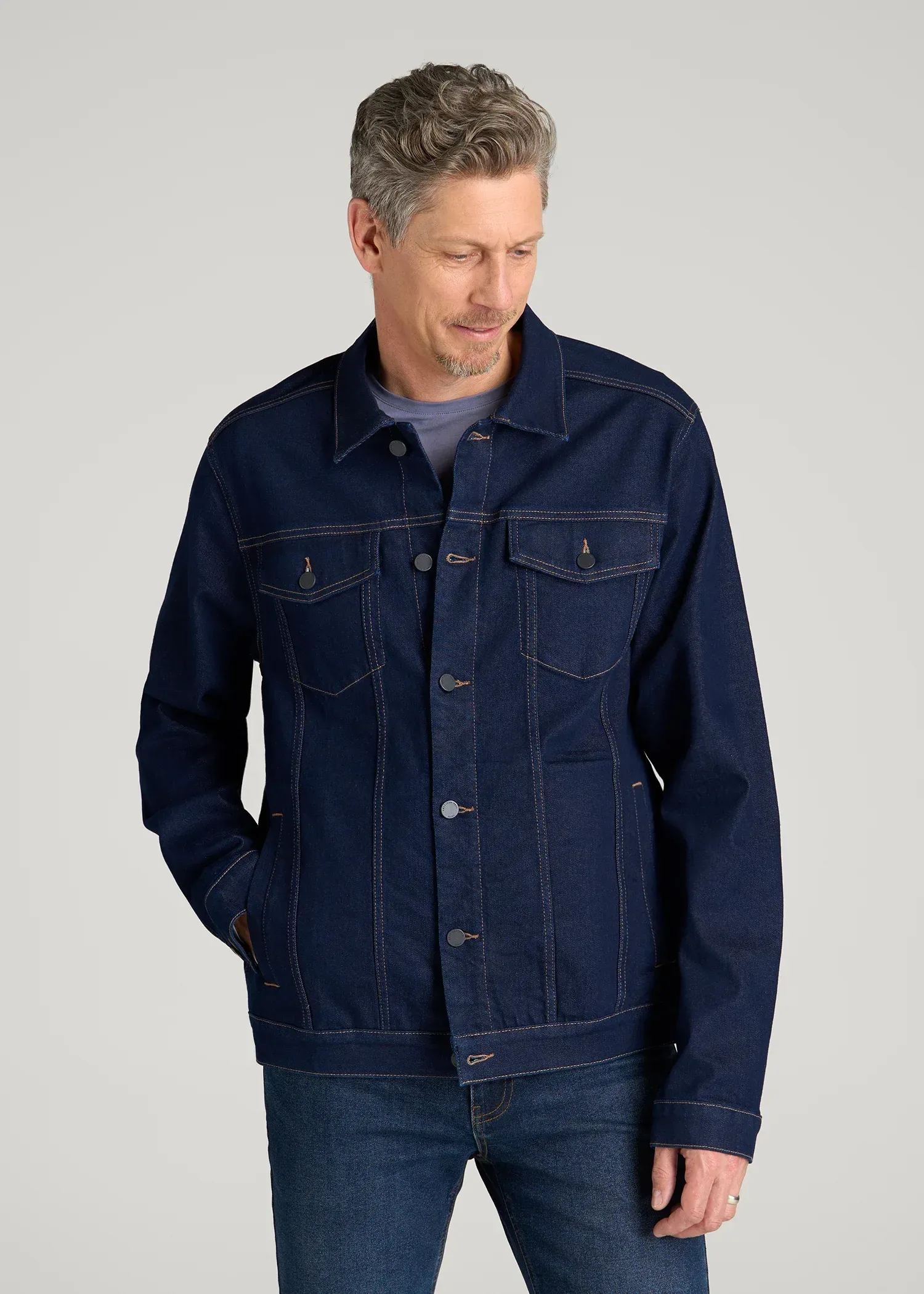 Classic Denim Jacket for Tall Men in Deep Indigo Wash