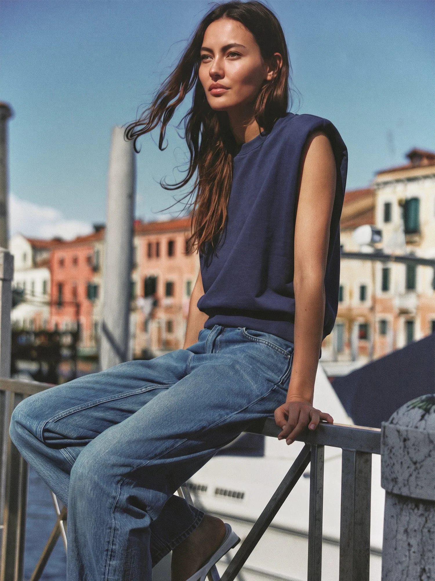 Sleeveless Shoulder Pad Crew Neck Top