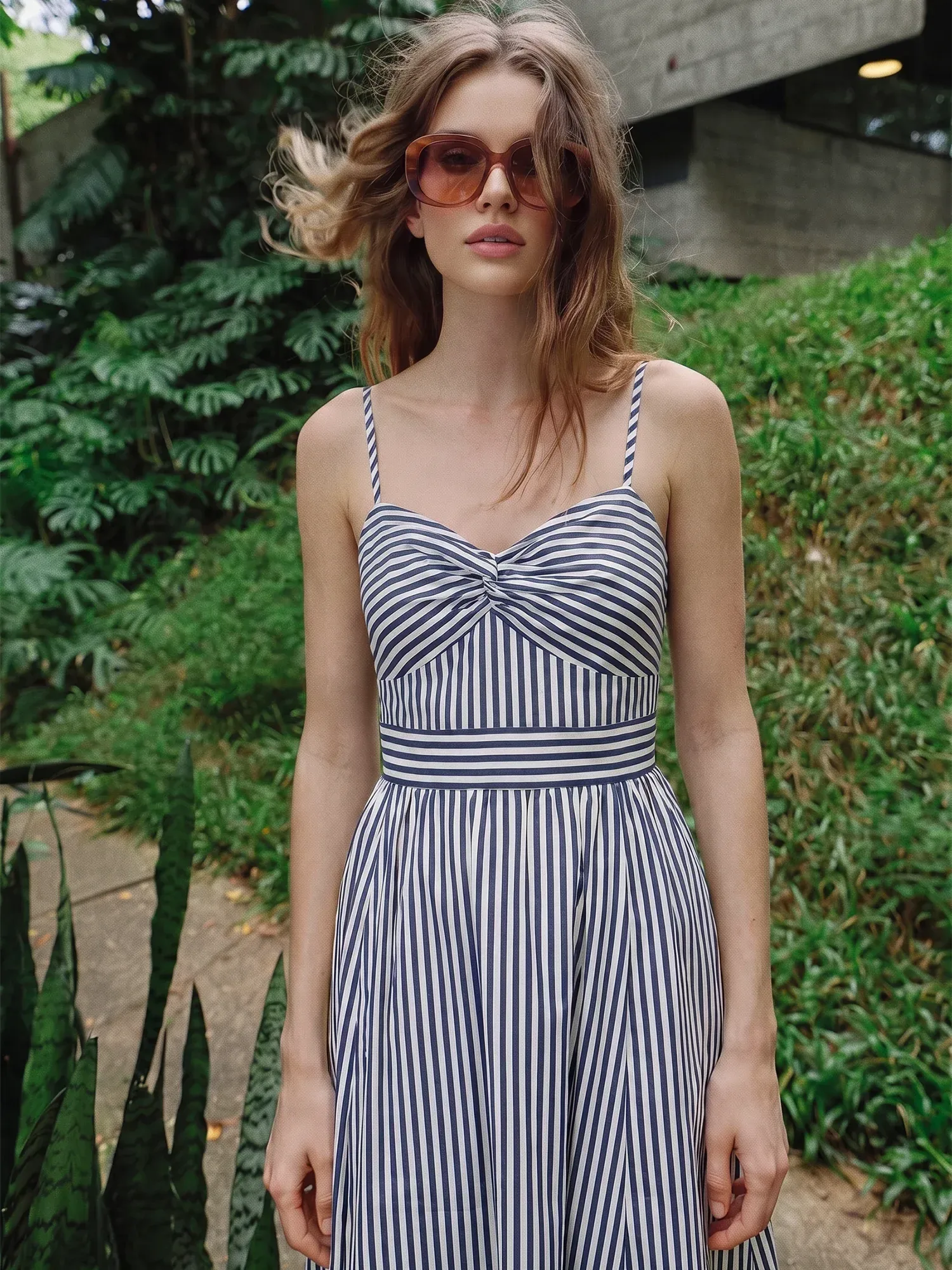 Sleeveless Striped Sweetheart Neckline A-Line Midi Dress
