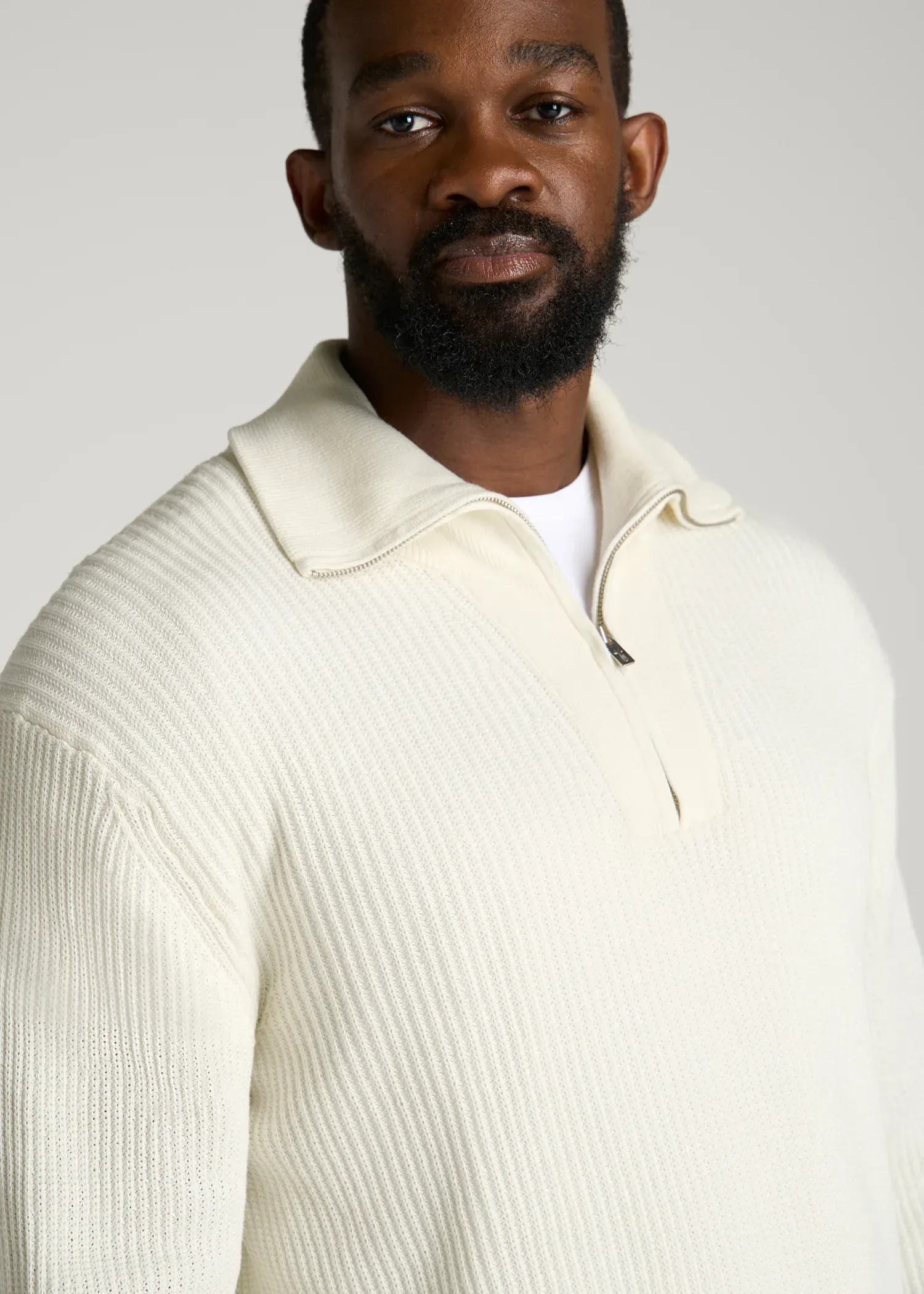 Textured Knit Quarter Zip Sweater for Tall Men in Star White