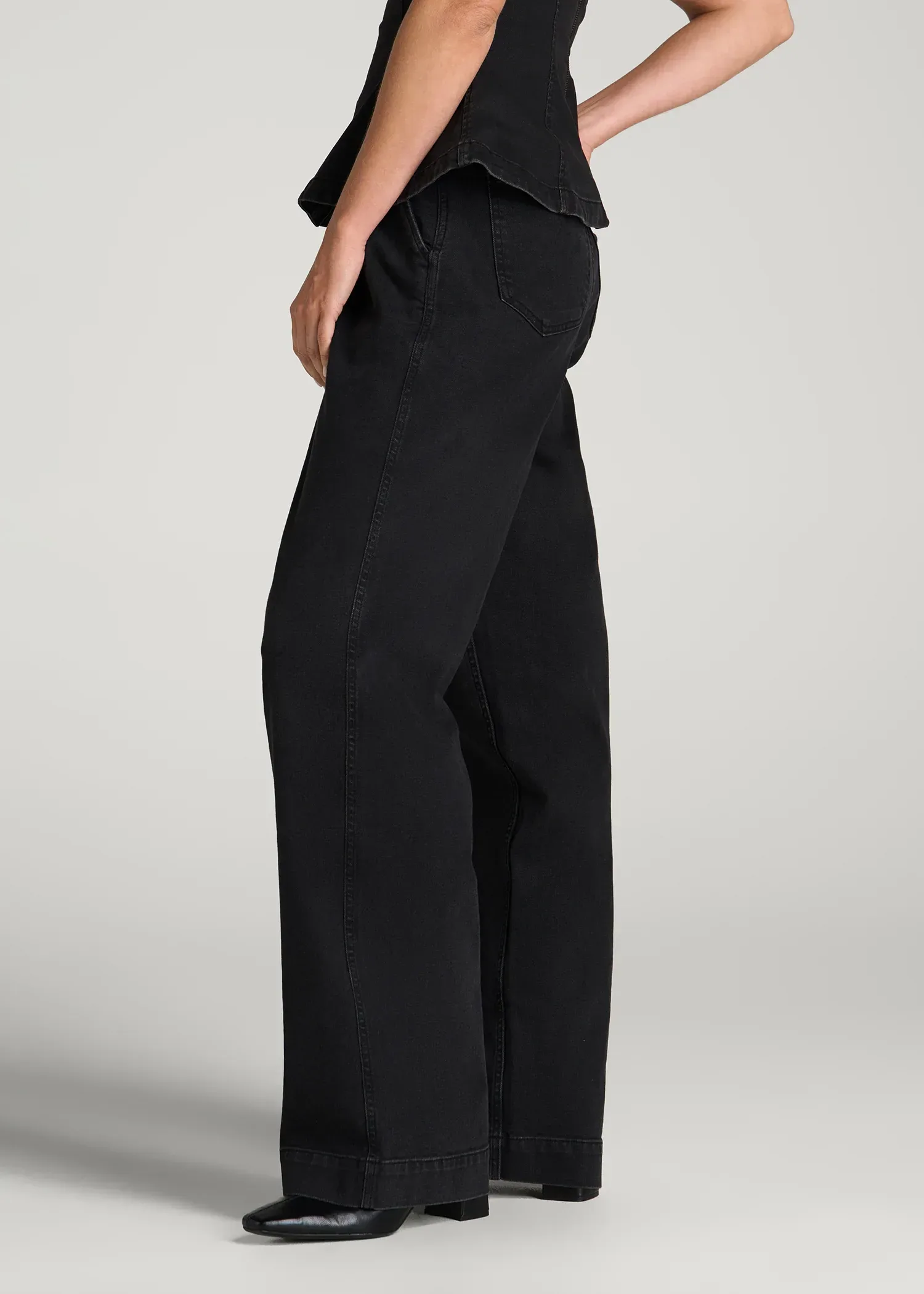 Wide Leg Pleated Denim Trousers for Tall Women in Onyx Black Wash