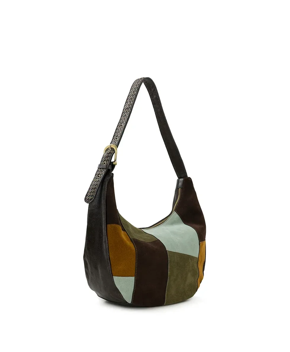 Lou Hobo – Suede Patchwork – Chocolate/Cognac/Olive/Nordic Blue