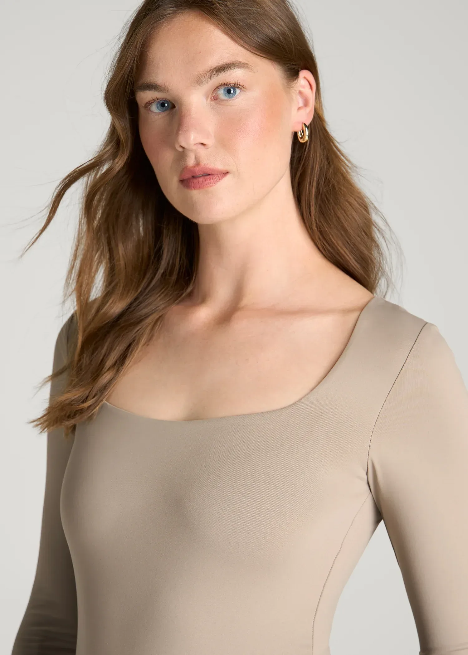 Long Sleeve Square Neck Bodysuit for Tall Women in Cobblestone