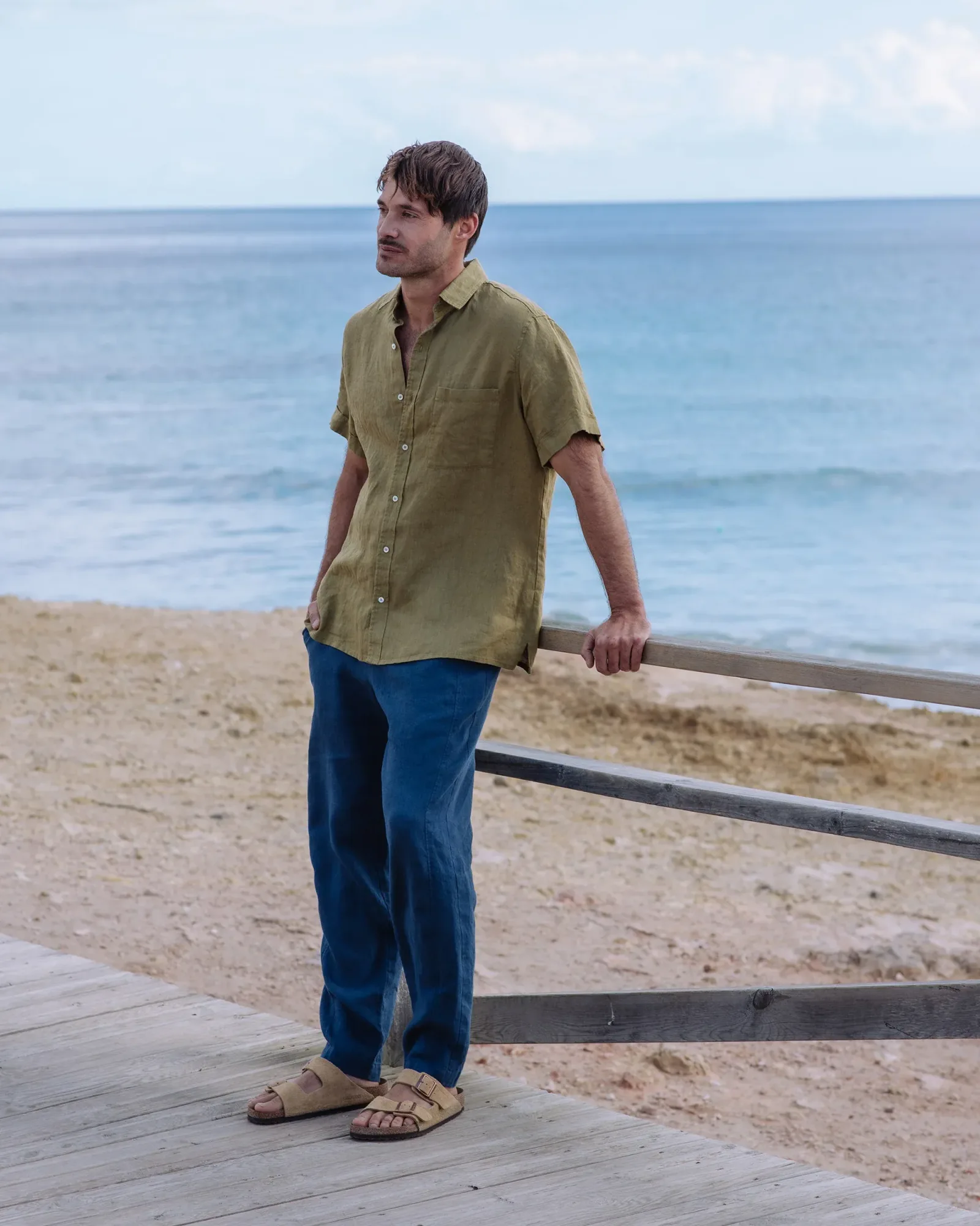 Men's short sleeves linen shirt VERBIER in Khaki green