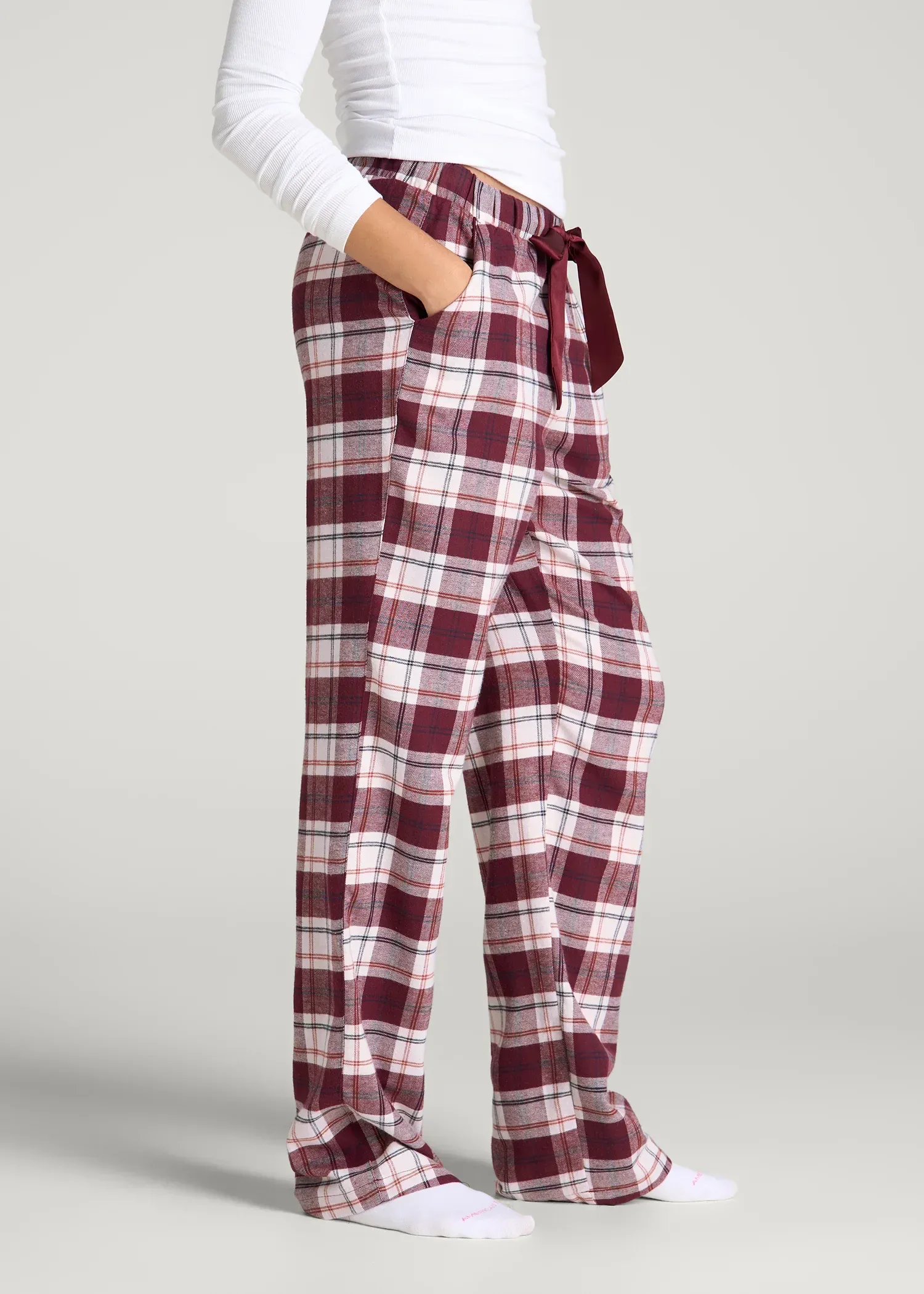 Tie Waist Flannel Pajama Pants for Tall Women in Port Royale and Beige Plaid