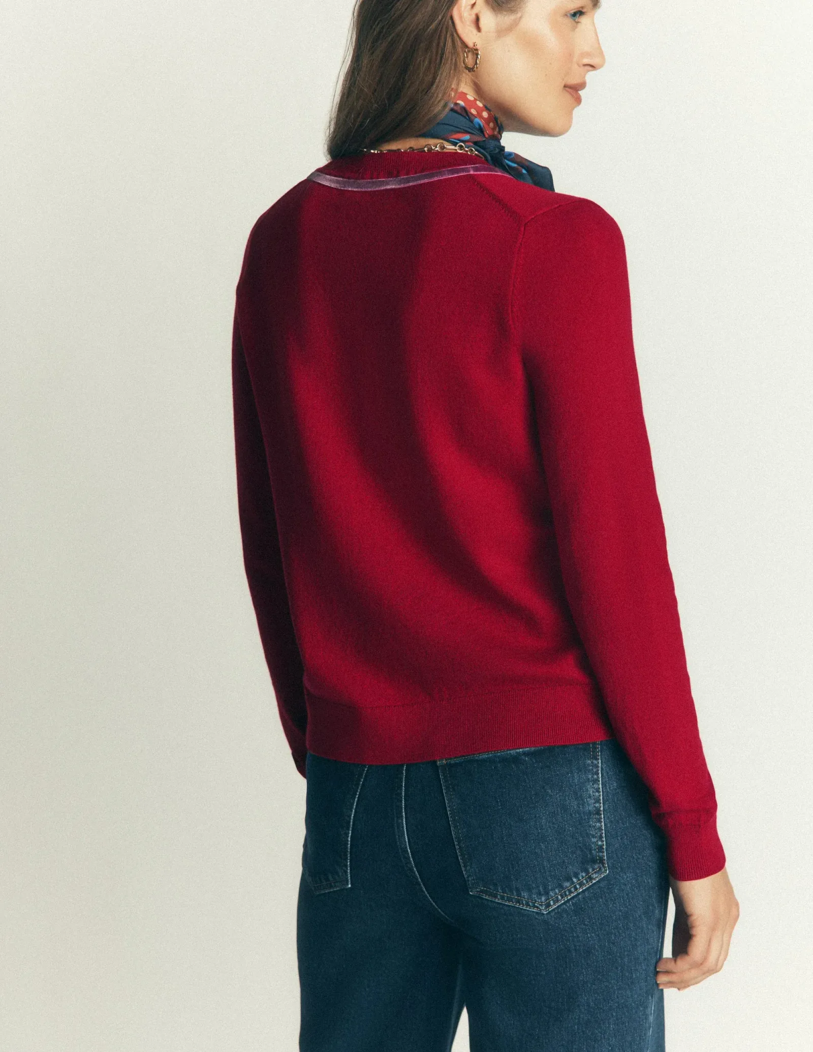 Violet Velvet Trim Cardigan-Crimson Red
