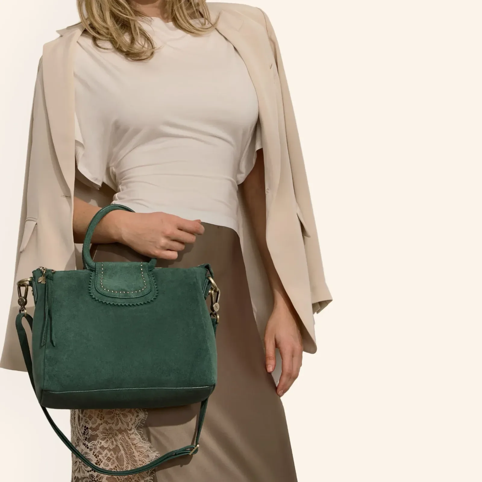 Sheila Medium Satchel In Suede Leather – Pine Needle