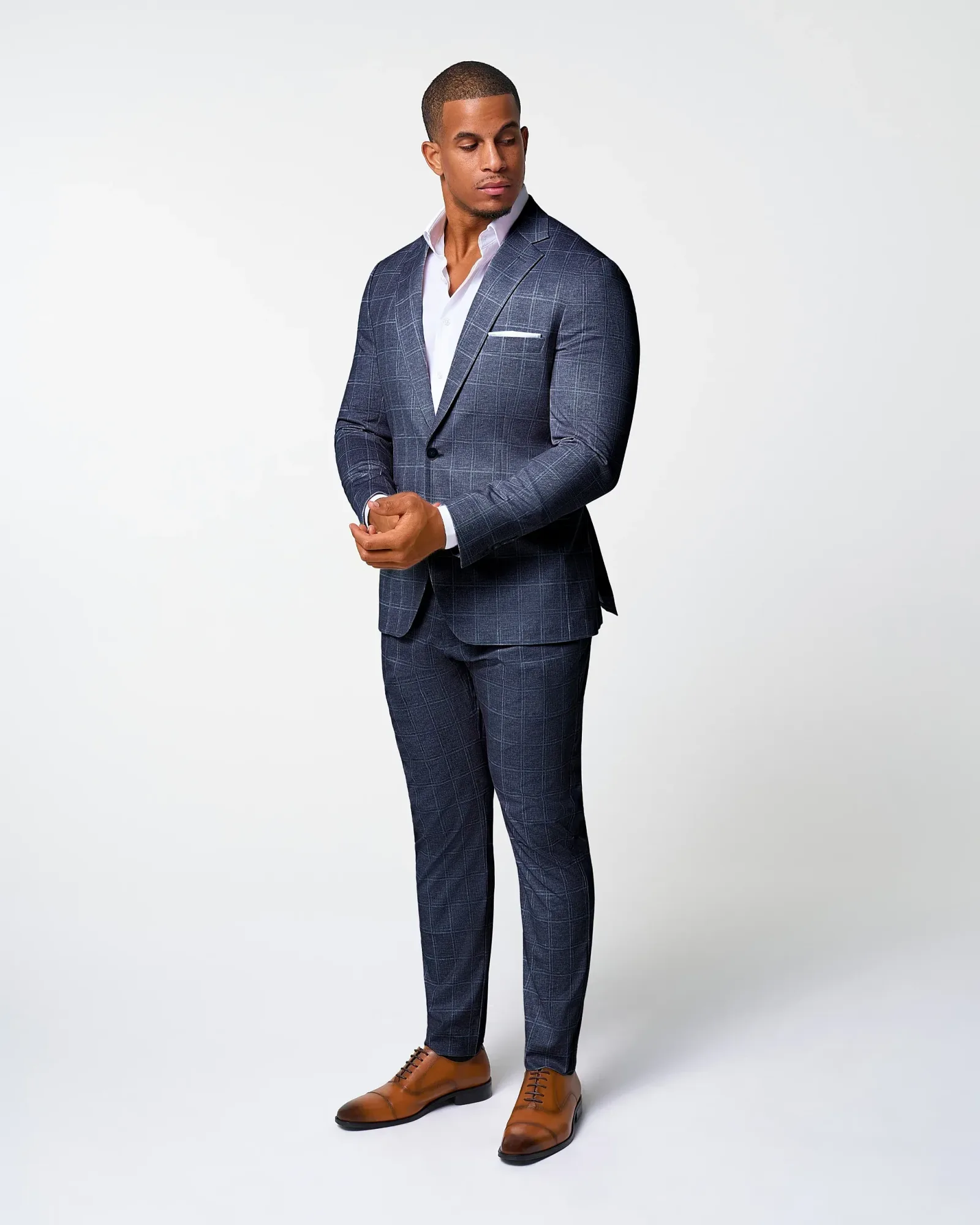 Athletic Fit Stretch Blazer – Textured Navy with White Windowpane
