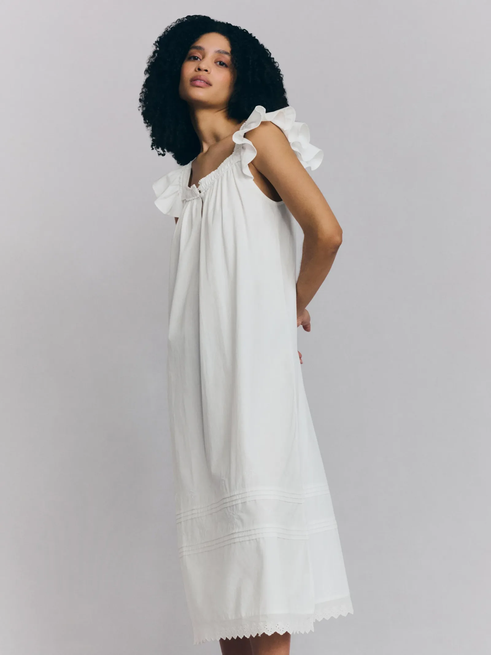 White Floral Embroidered Cotton Frill Nightie