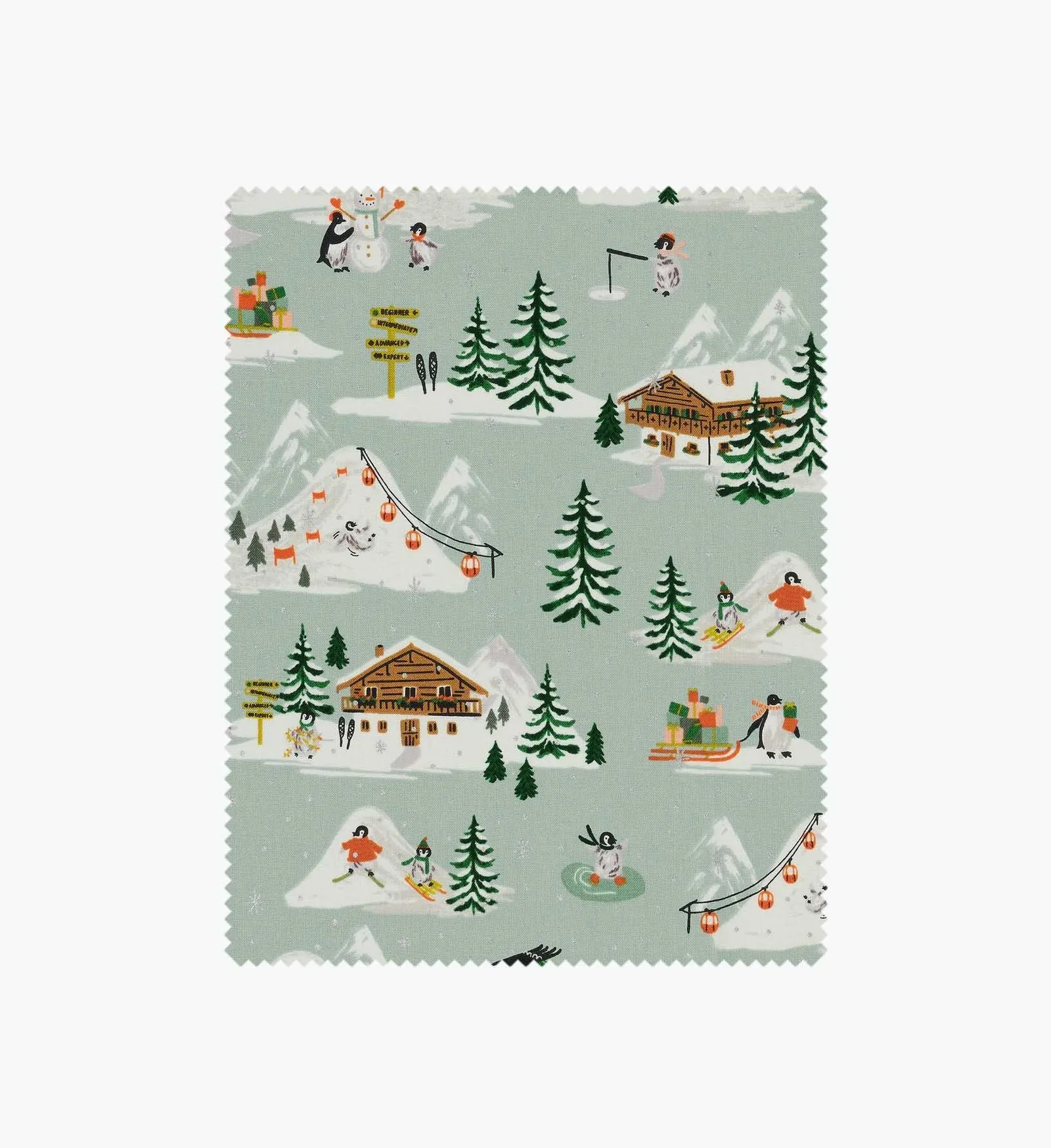 Penguin Village Cotton Metallic Fabric – Mint and Gold