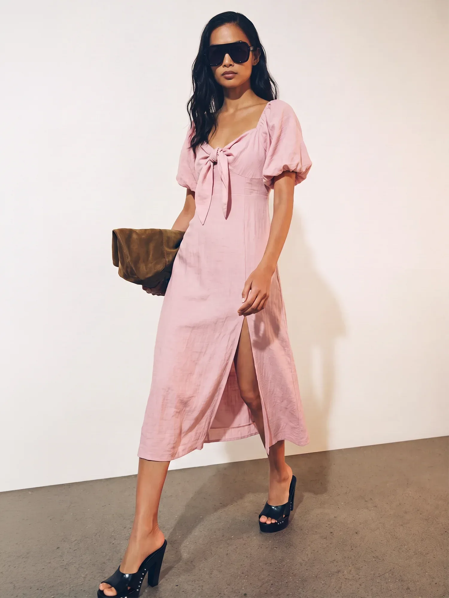 Puff Sleeve Tie Knot Slit Midi Dress