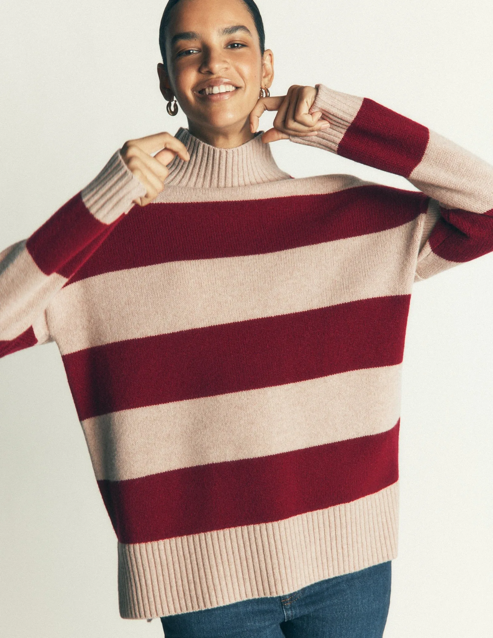 Marta Longline Merino Jumper-Merlot, Oatmeal Stripe