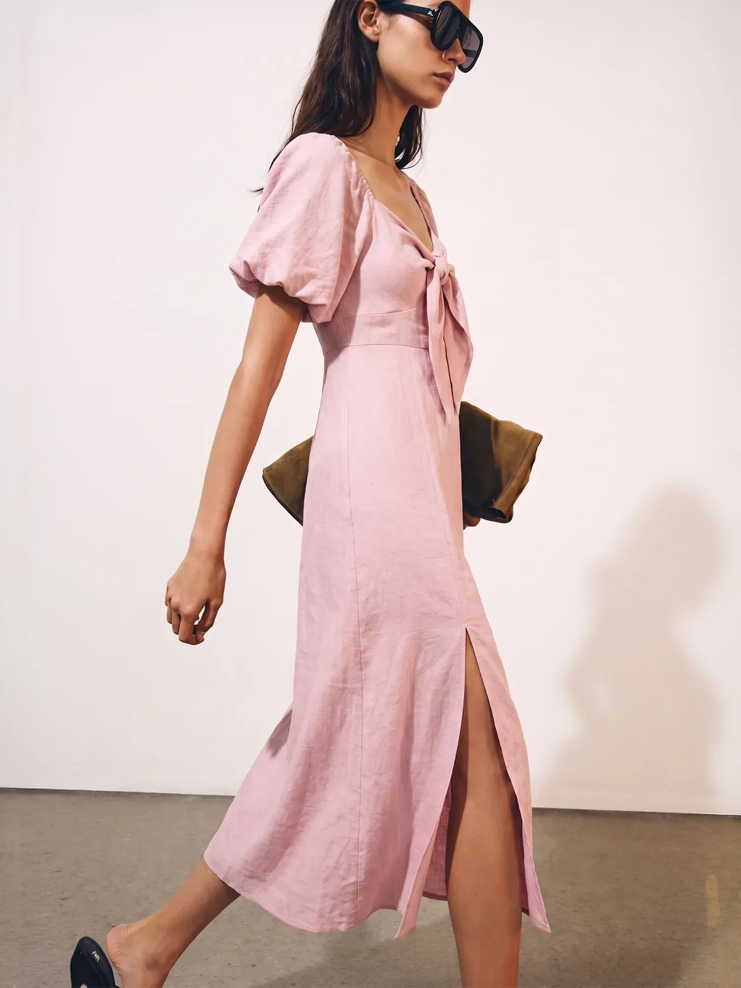 Puff Sleeve Tie Knot Slit Midi Dress