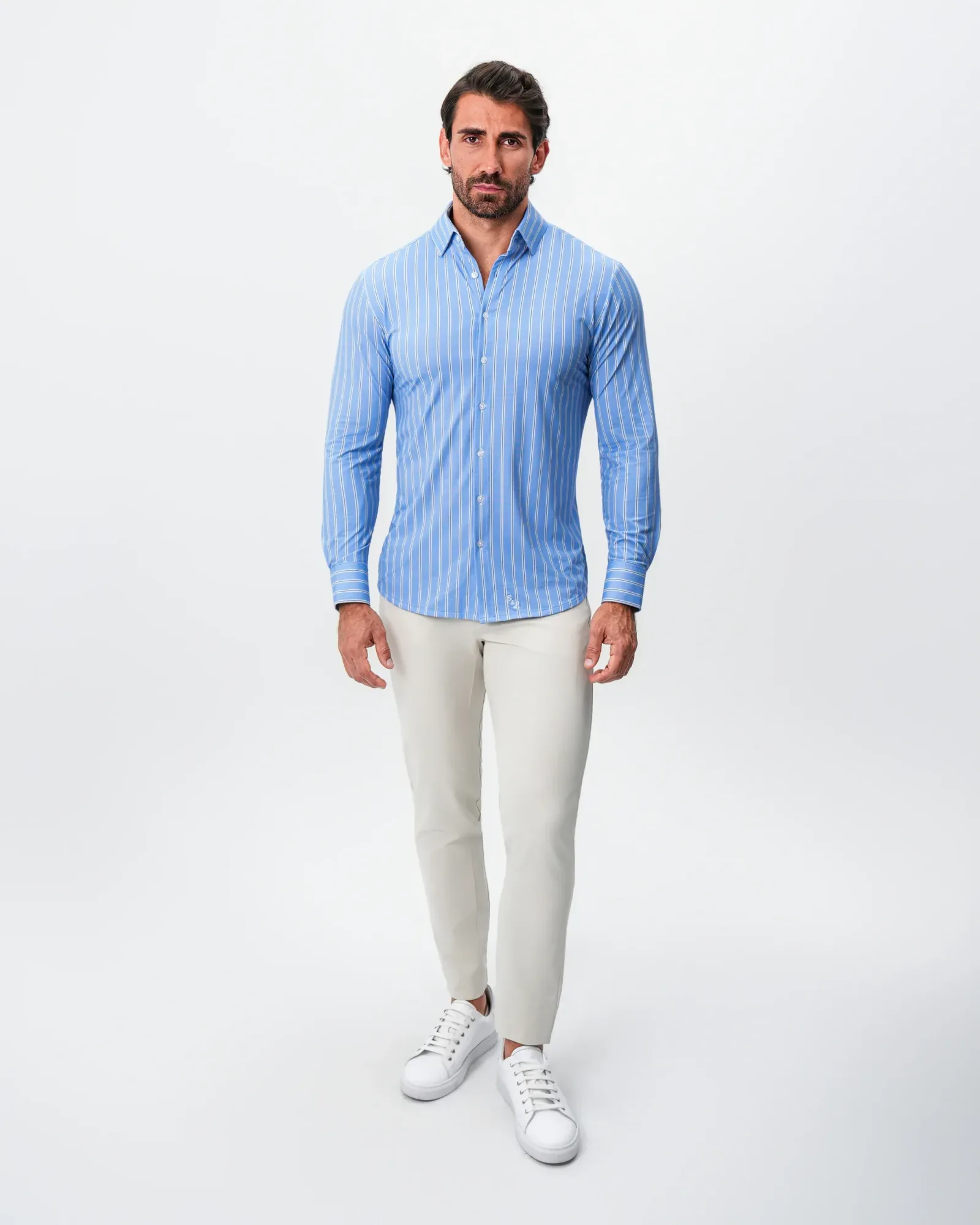 "The Wrigley" Sport Shirt – Light Blue & White Wide Stripe