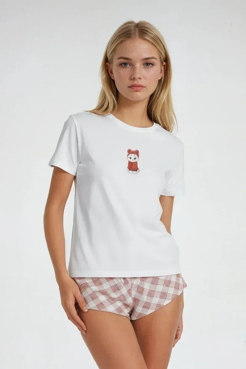 Cat Graphic Tee & Plaid Shorts Pajama Set