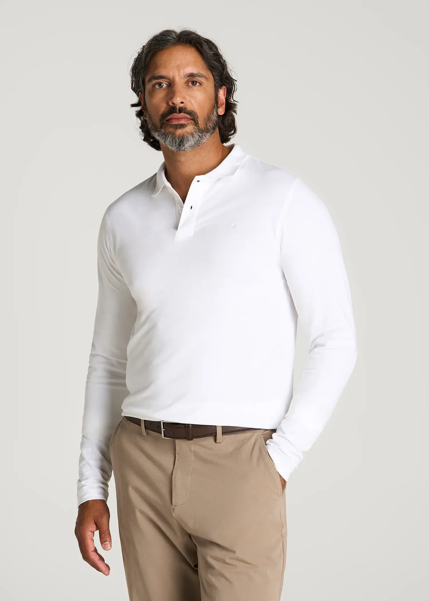 Long Sleeve Classic Polo for Tall Men in Bright White