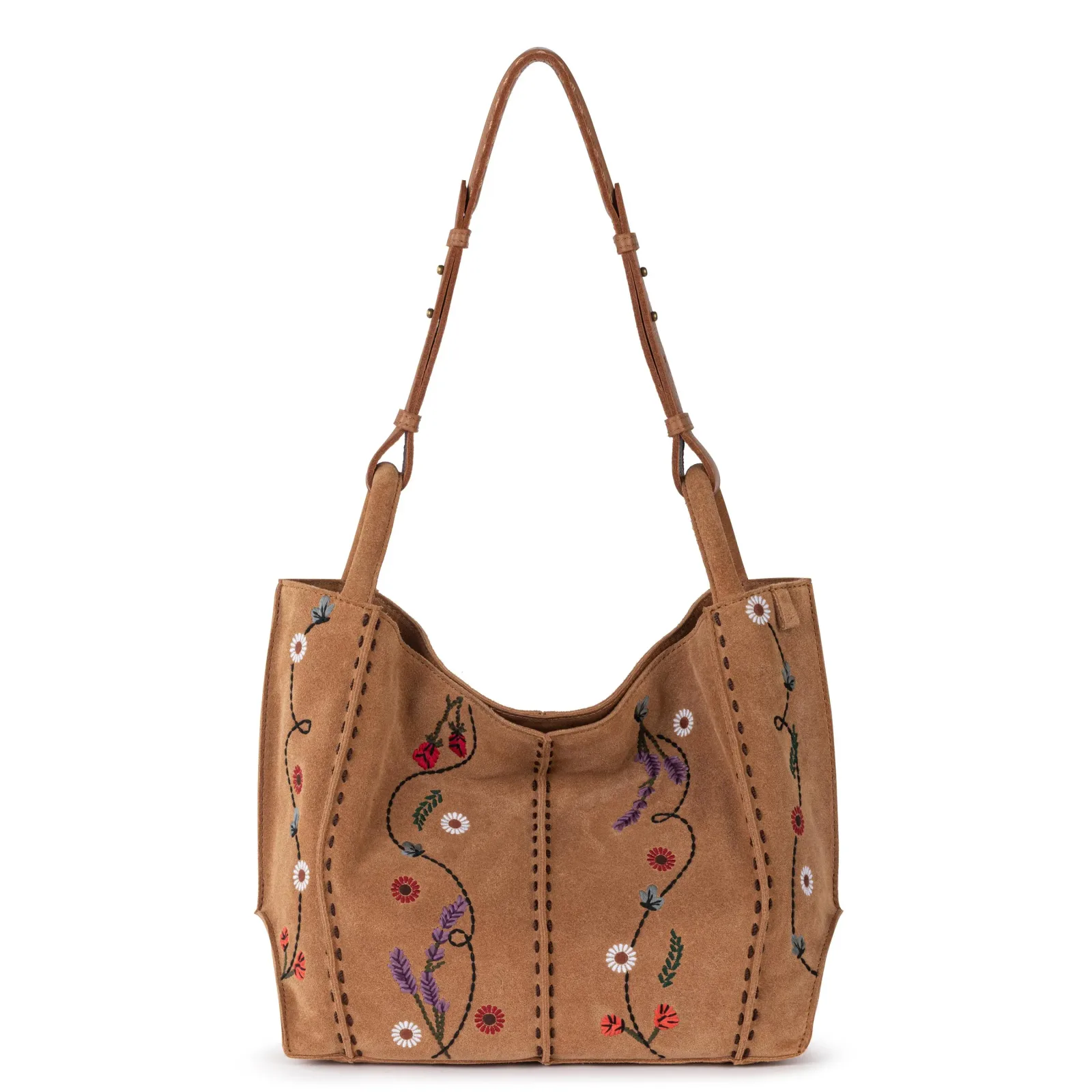 Los Feliz Medium Tote – Leather – Tan Suede Whimsy Floral Embroidery