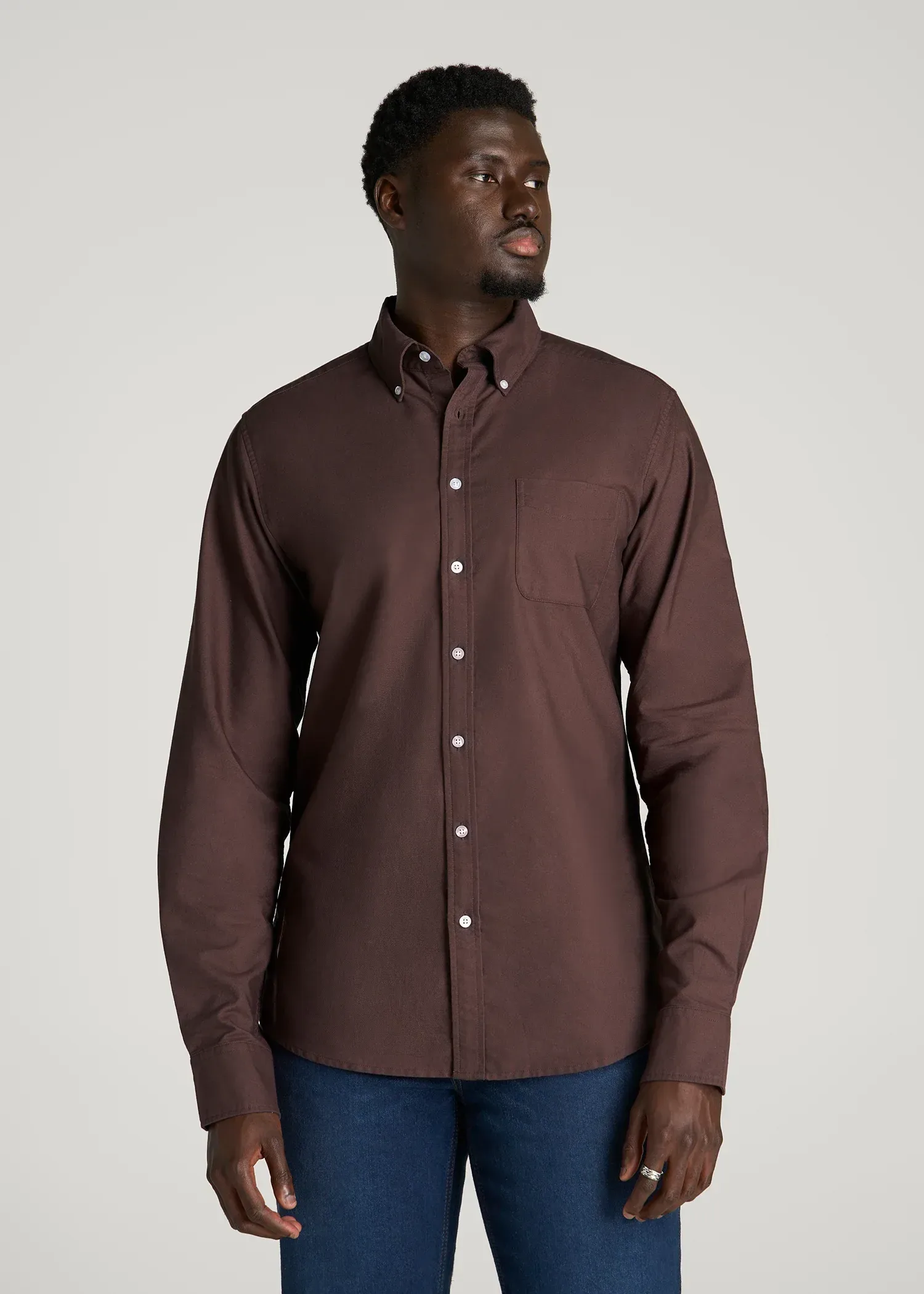 Oxford Cloth Button Down Shirt for Tall Men in Dark Brown