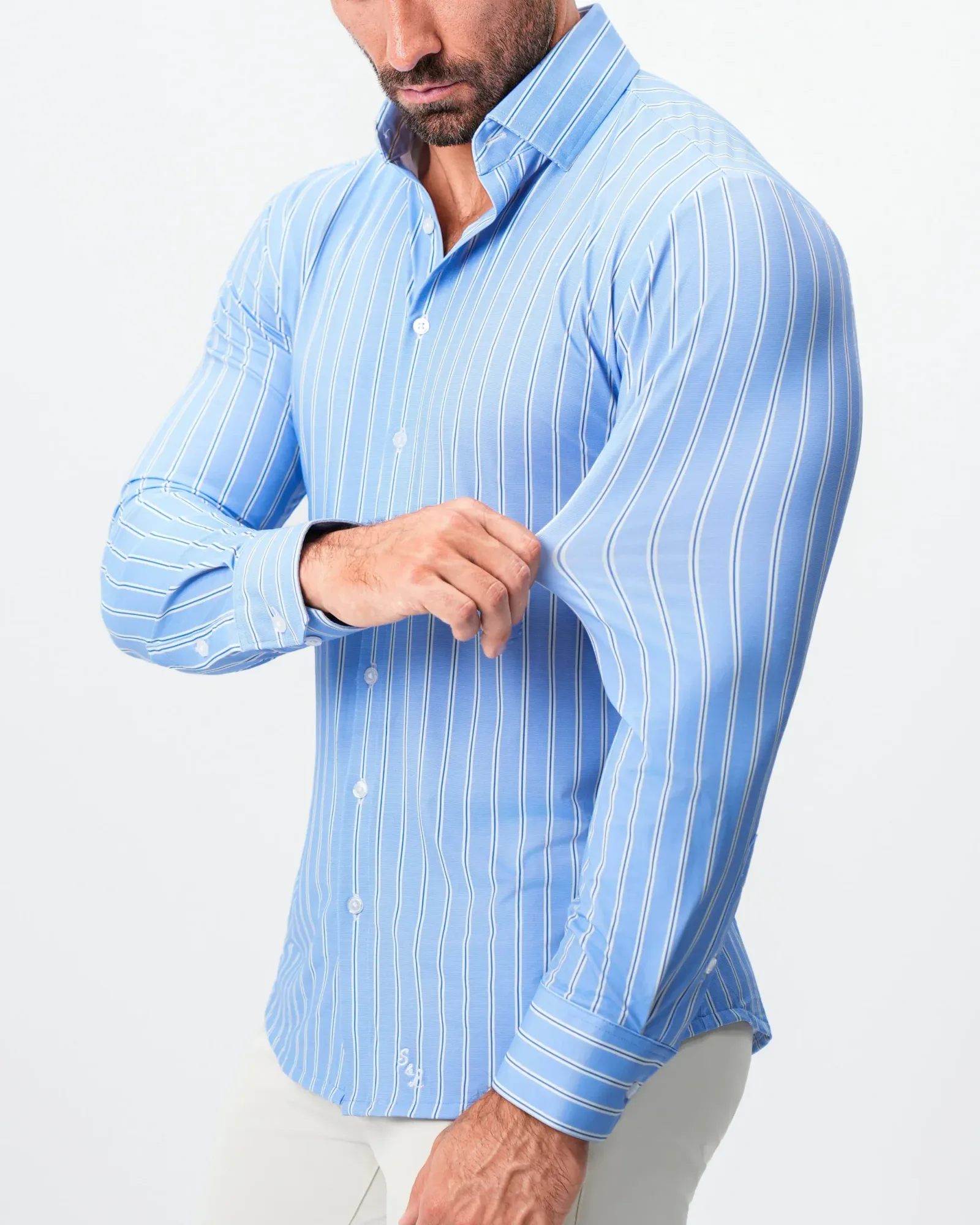 "The Wrigley" Sport Shirt – Light Blue & White Wide Stripe