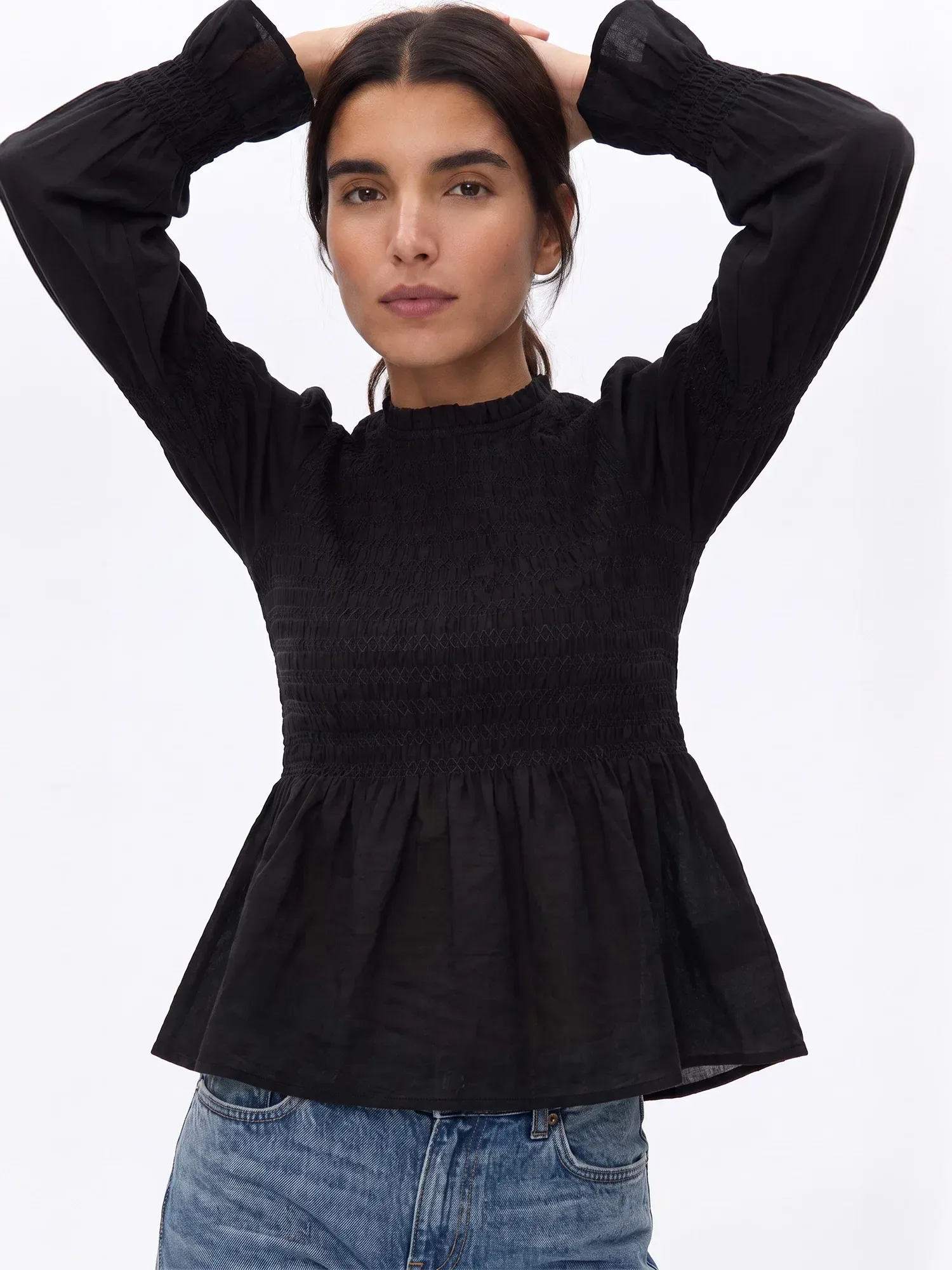 Longsleeves Smocked Textured Peplum Top
