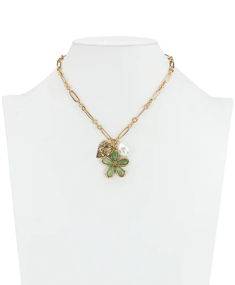 Multi Strand Flower Charm Necklace – Stone Inlay Collection – Antique Gold