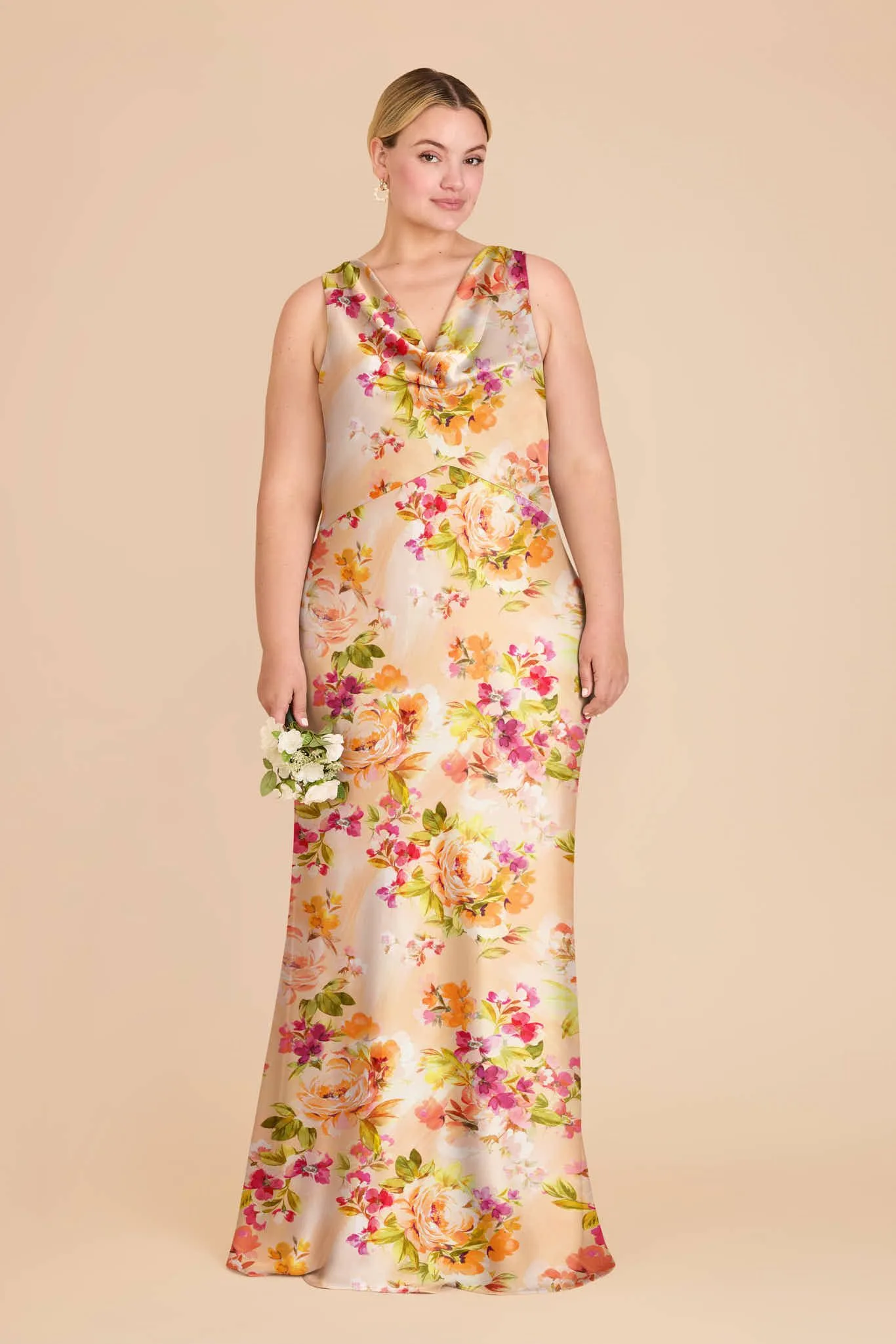 Bonnie Matte Satin Dress – Coral Sunset Peonies