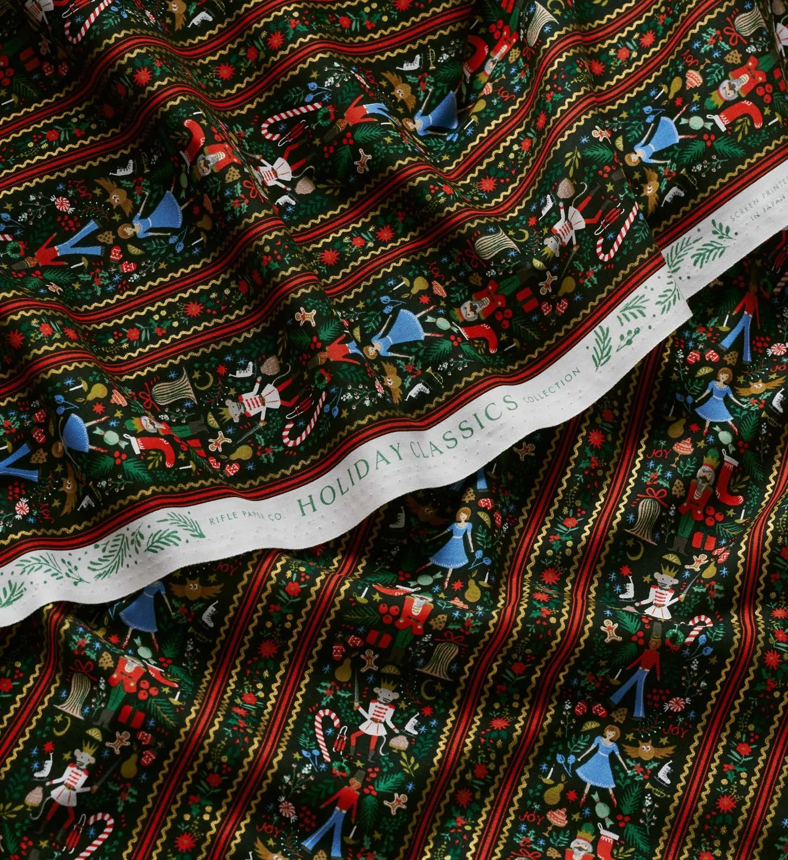 Holly Jolly Nutcracker Cotton Metallic Fabric – Evergreen and Gold