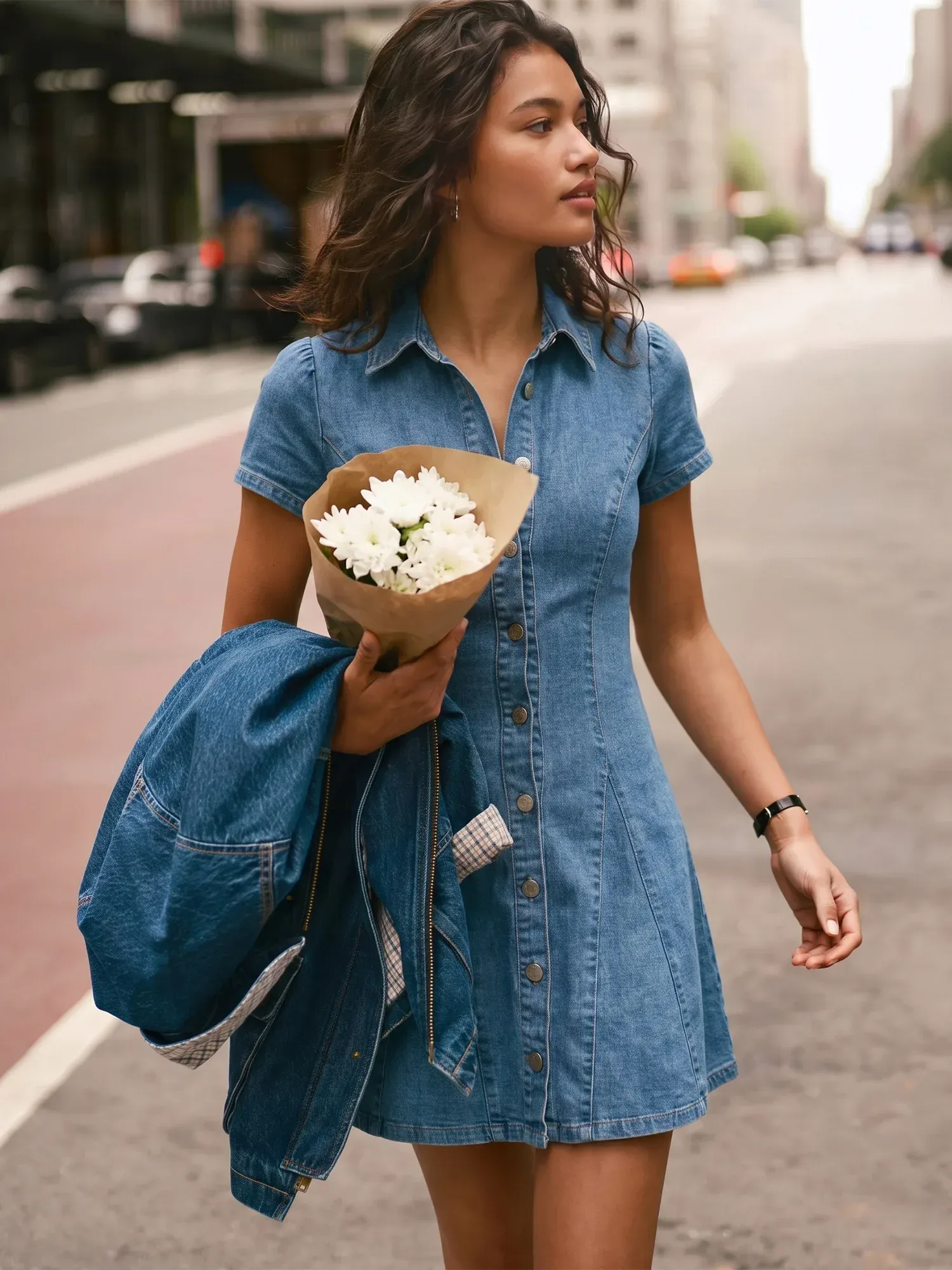 Short Sleeves Denim Button Down A Line Dress