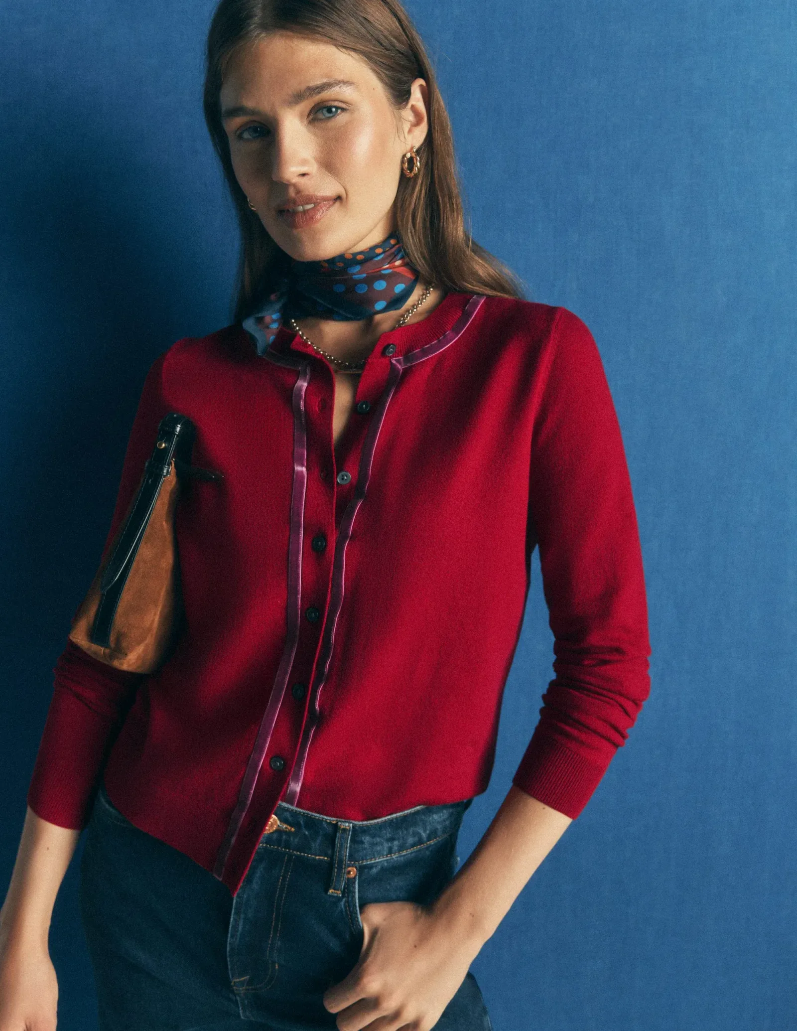 Violet Velvet Trim Cardigan-Crimson Red