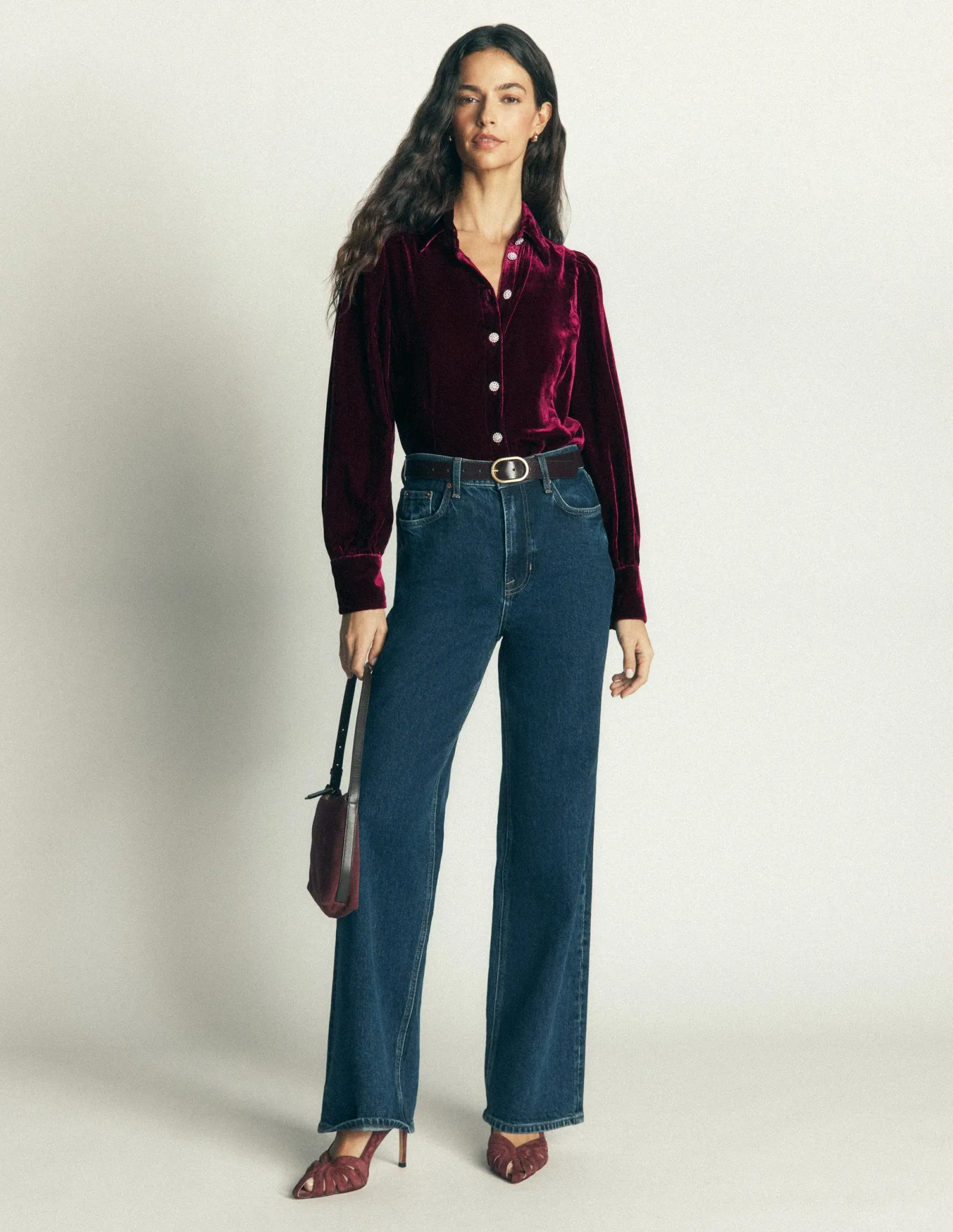 Volume Sleeve Velvet Shirt-Beetroot Red