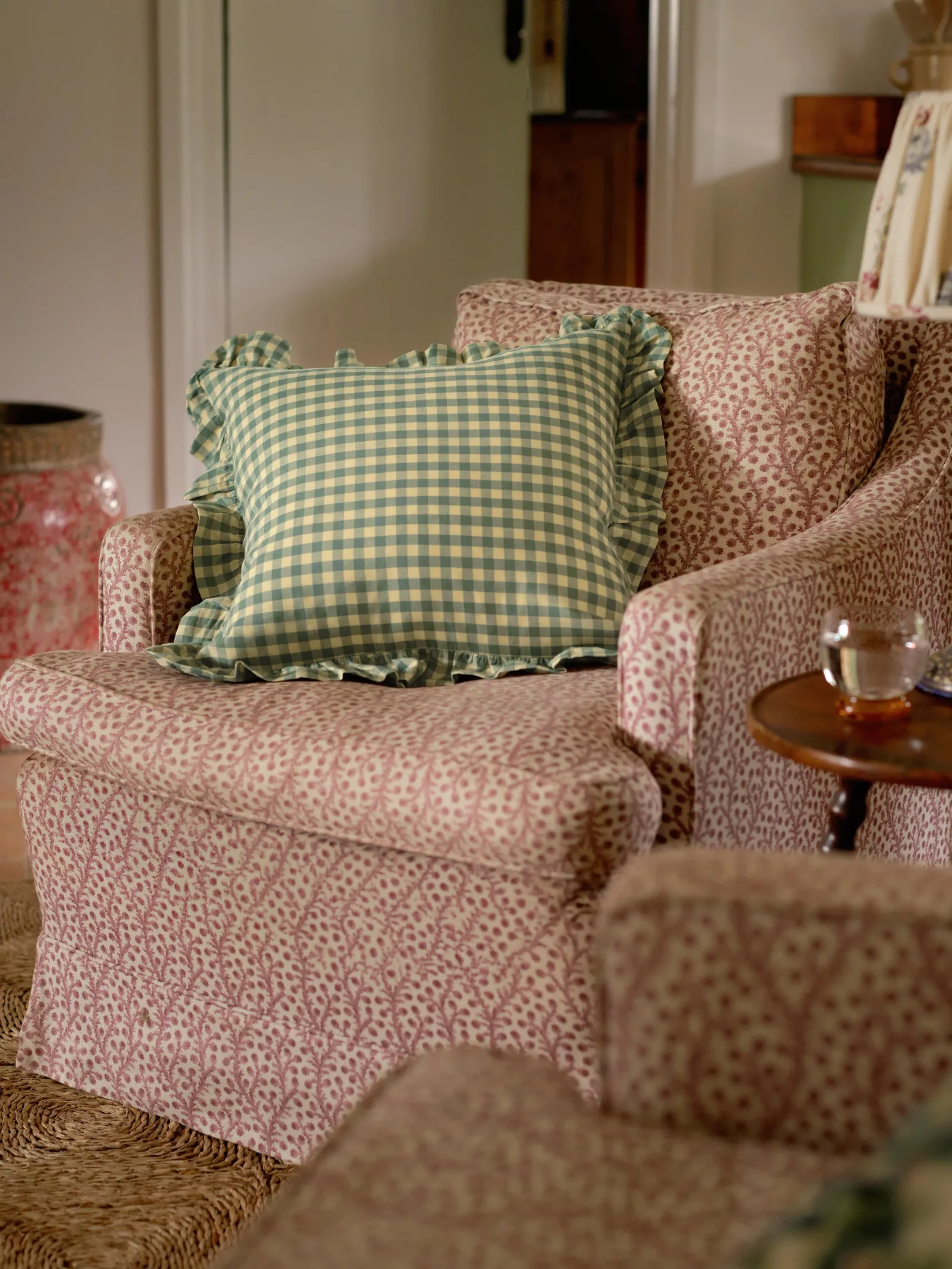 Elm Green & Butter Yellow Gingham Frill Linen Blend Filled Cushion
