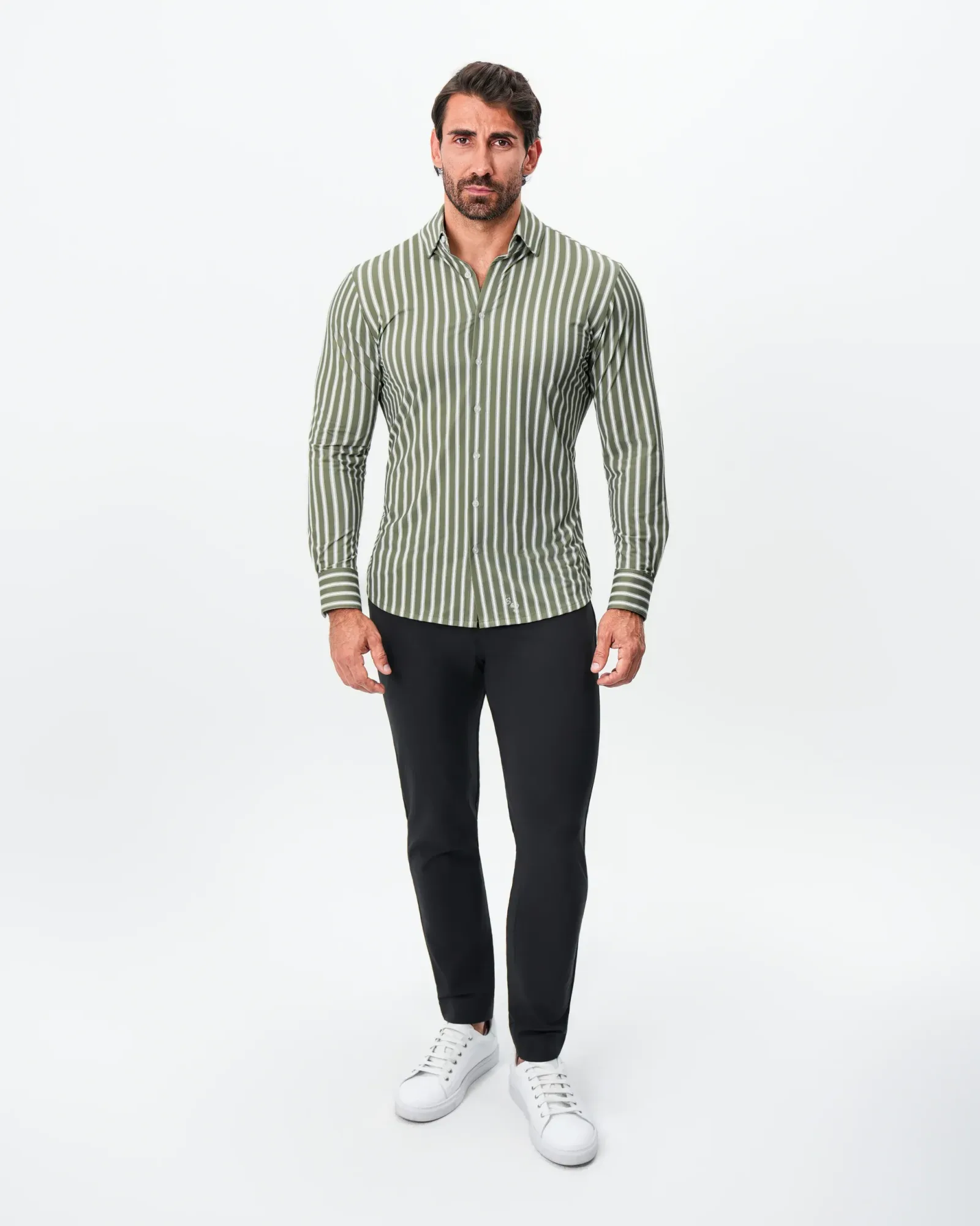 "The Wellington" Sport Shirt – Light Olive and White Bengal Stripe