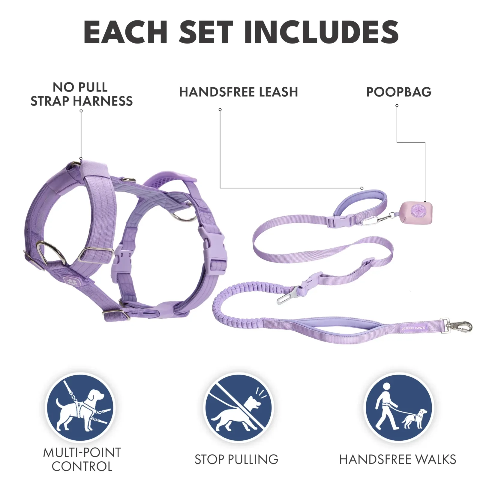 Comfort Control No-Pull Dog Harness and Multipurpose Leash Set – Purple