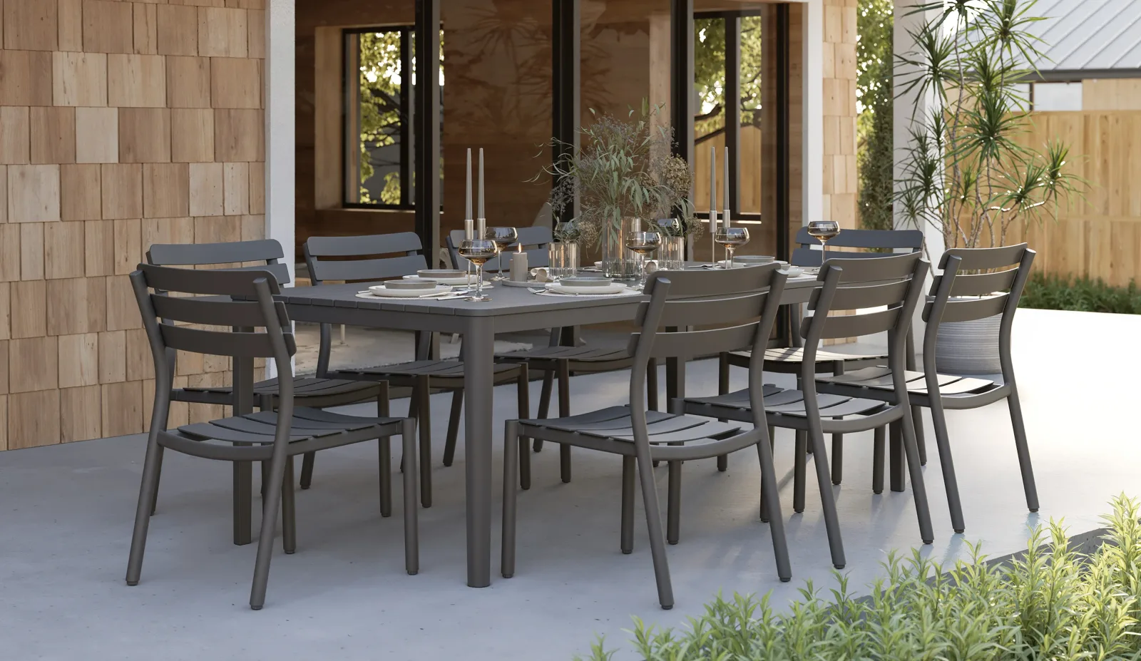 Aluminum Outdoor Rectangular Dining Table + 8 595 Dining Armless Chairs