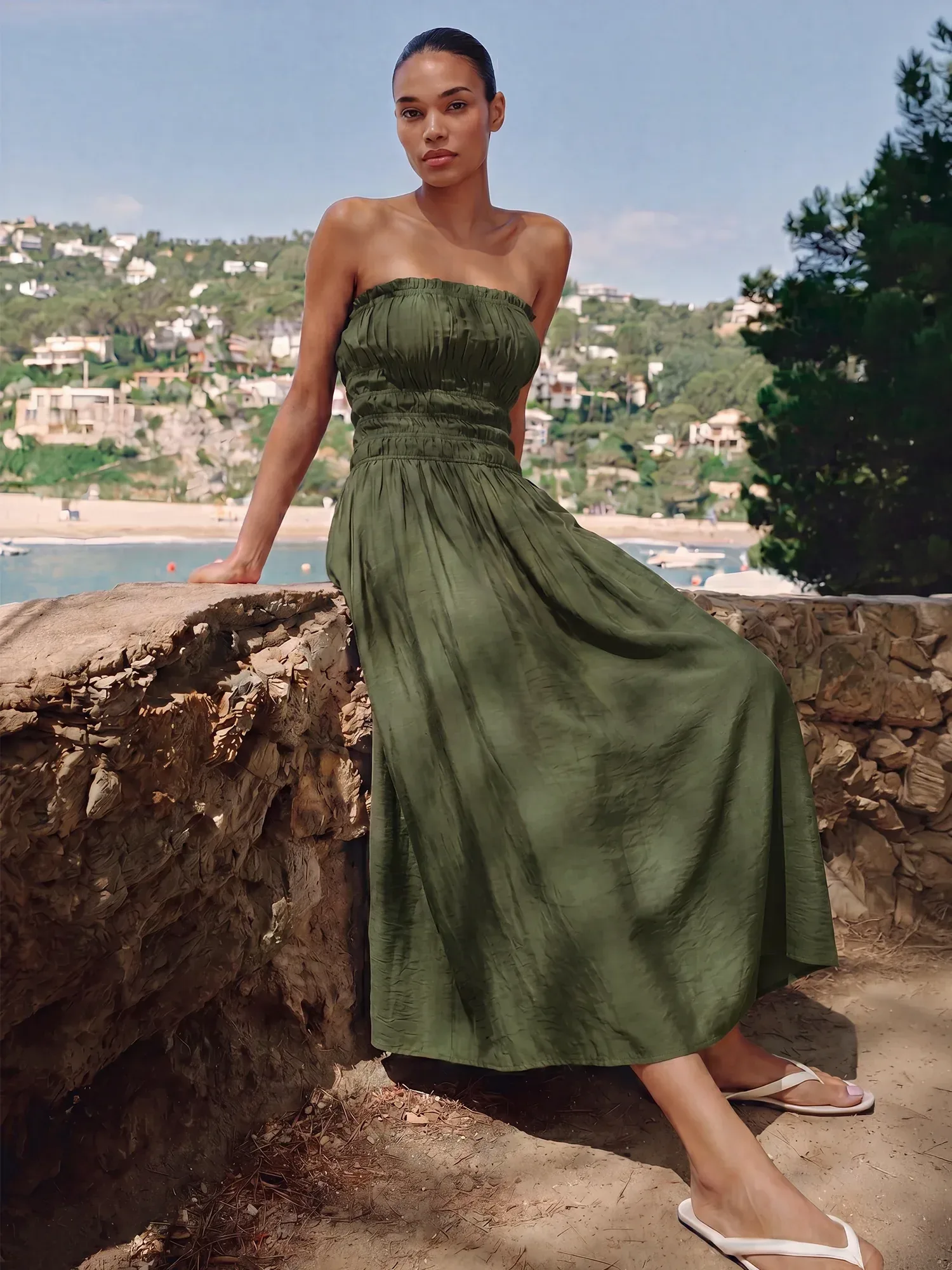 Strapless Ruched Bodice Midi Sun Dress