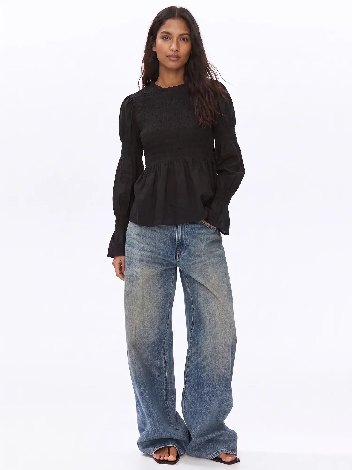 Longsleeves Smocked Textured Peplum Top