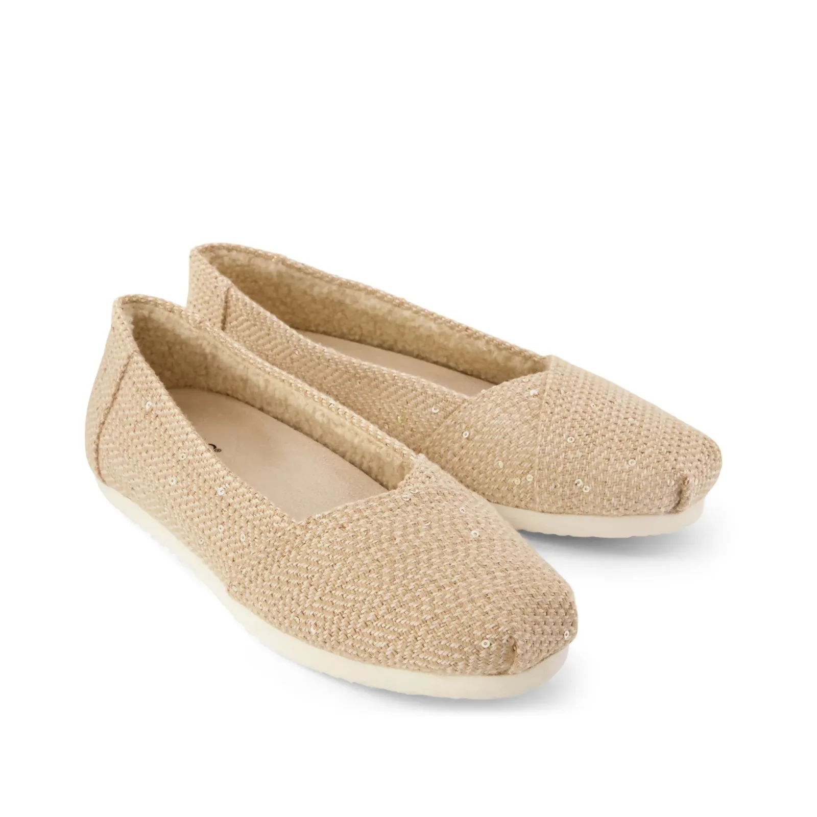 Womens Alpargata Ballet Flat Oatmeal Sequin Herringbone w/ Faux Shearling