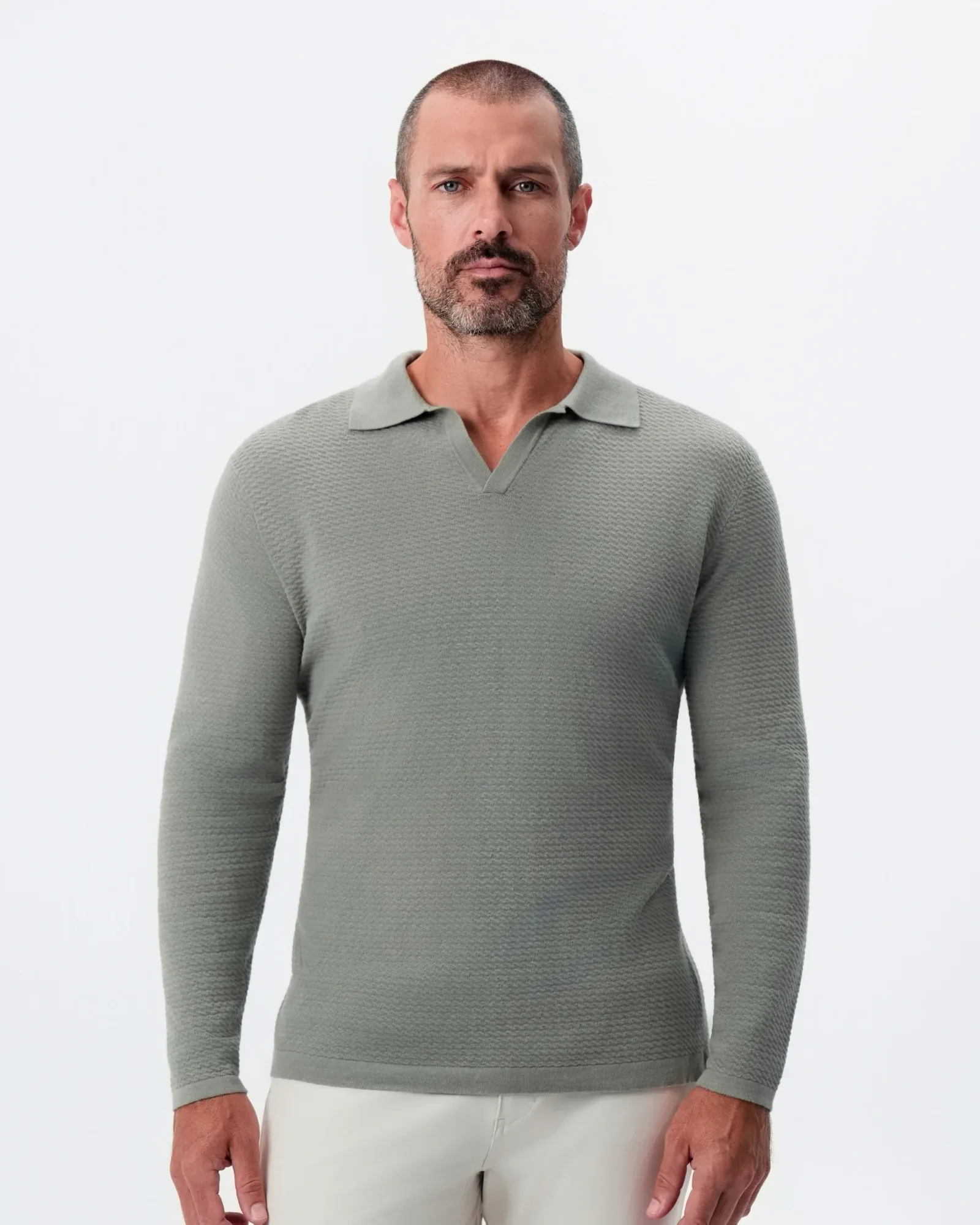Textured Buttonless Long Sleeve Polo – Olive