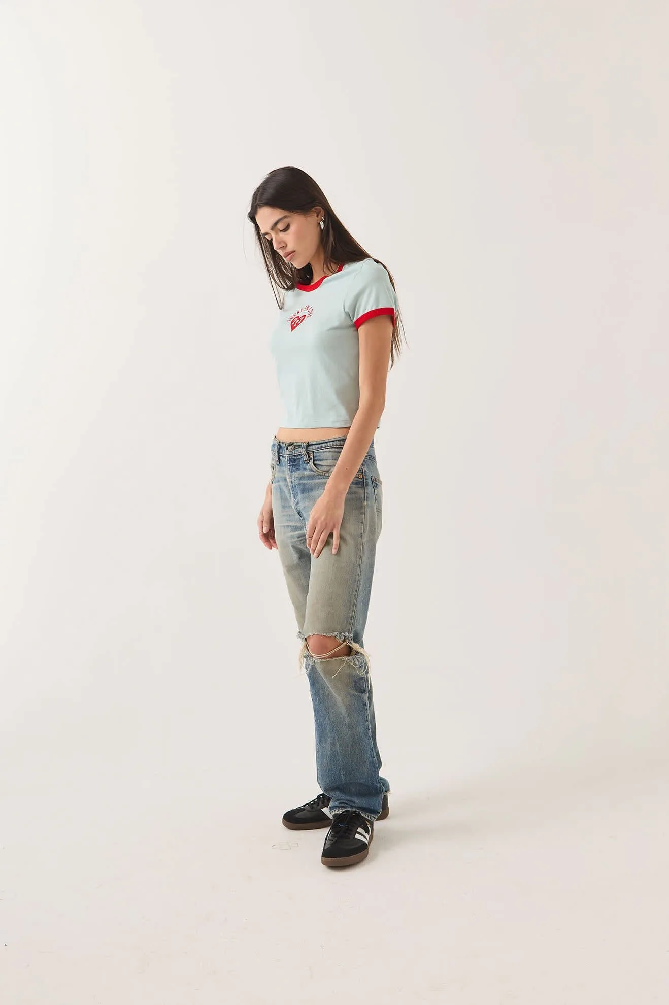 Lucky In Love Baby T-Shirt – Sea Grass/Adrenaline Red
