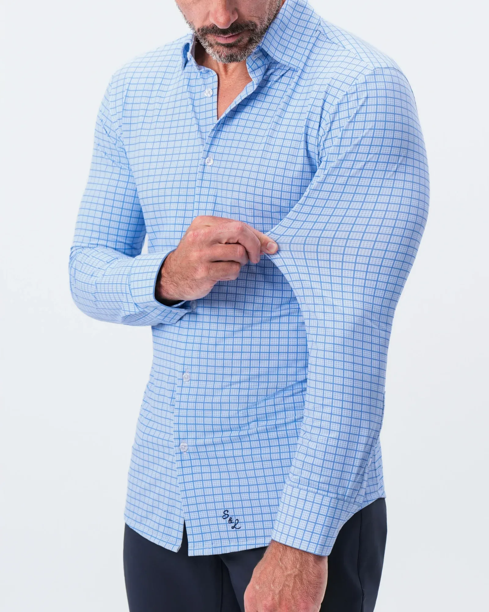 "The Lawrence" Sport Shirt – Light Blue with Navy Windowpane