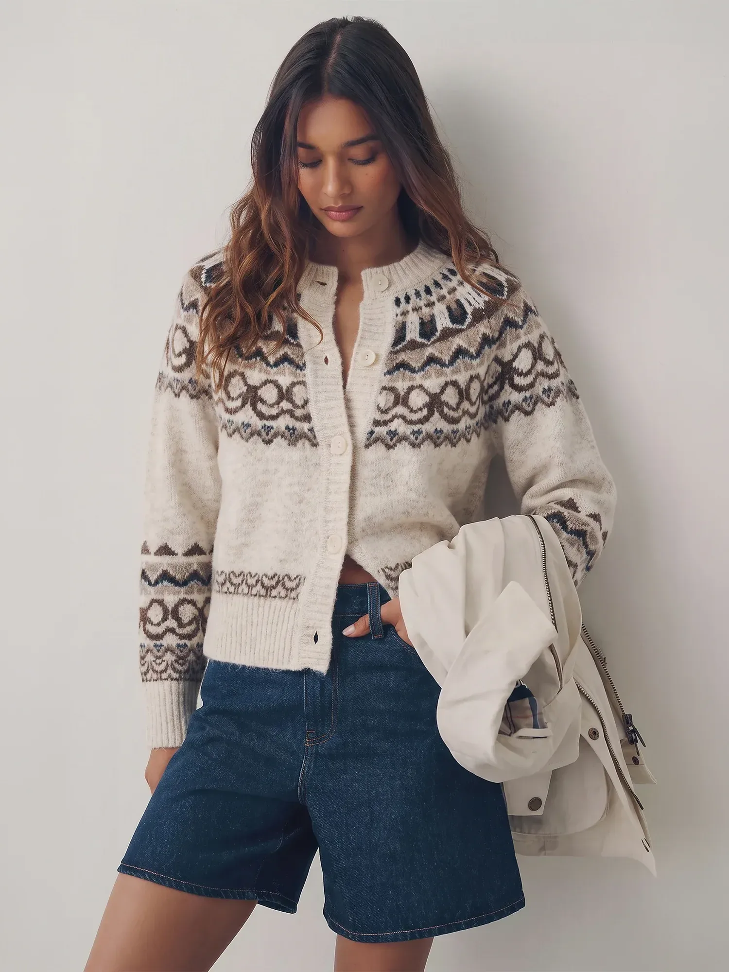 Longsleeves Crew Neck Bow Argyle Cardigan Sweater
