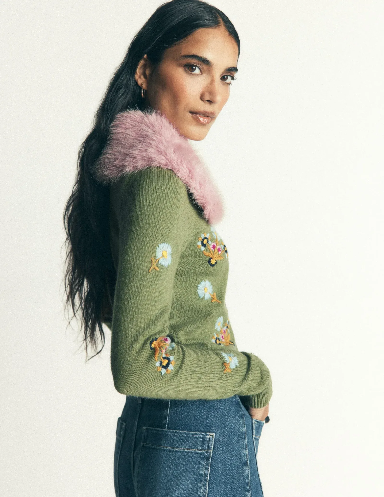 Fur Collar Cropped Cardigan-Laurel Green, Embroidered