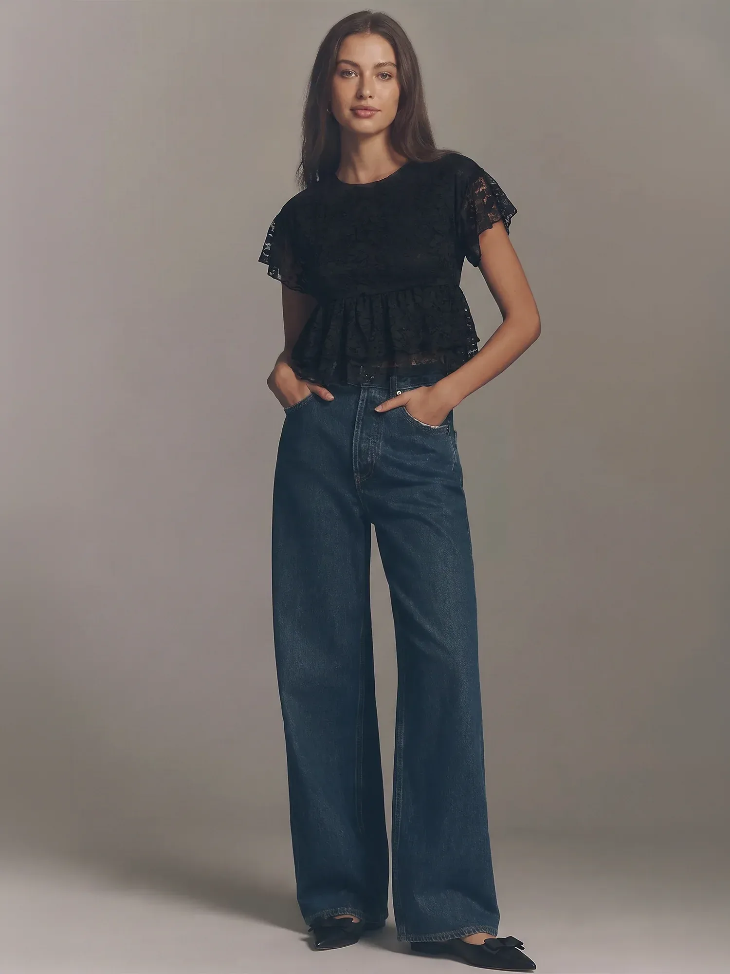 Short Sleeves Ruffle Lace Crew Neck Overlay Top