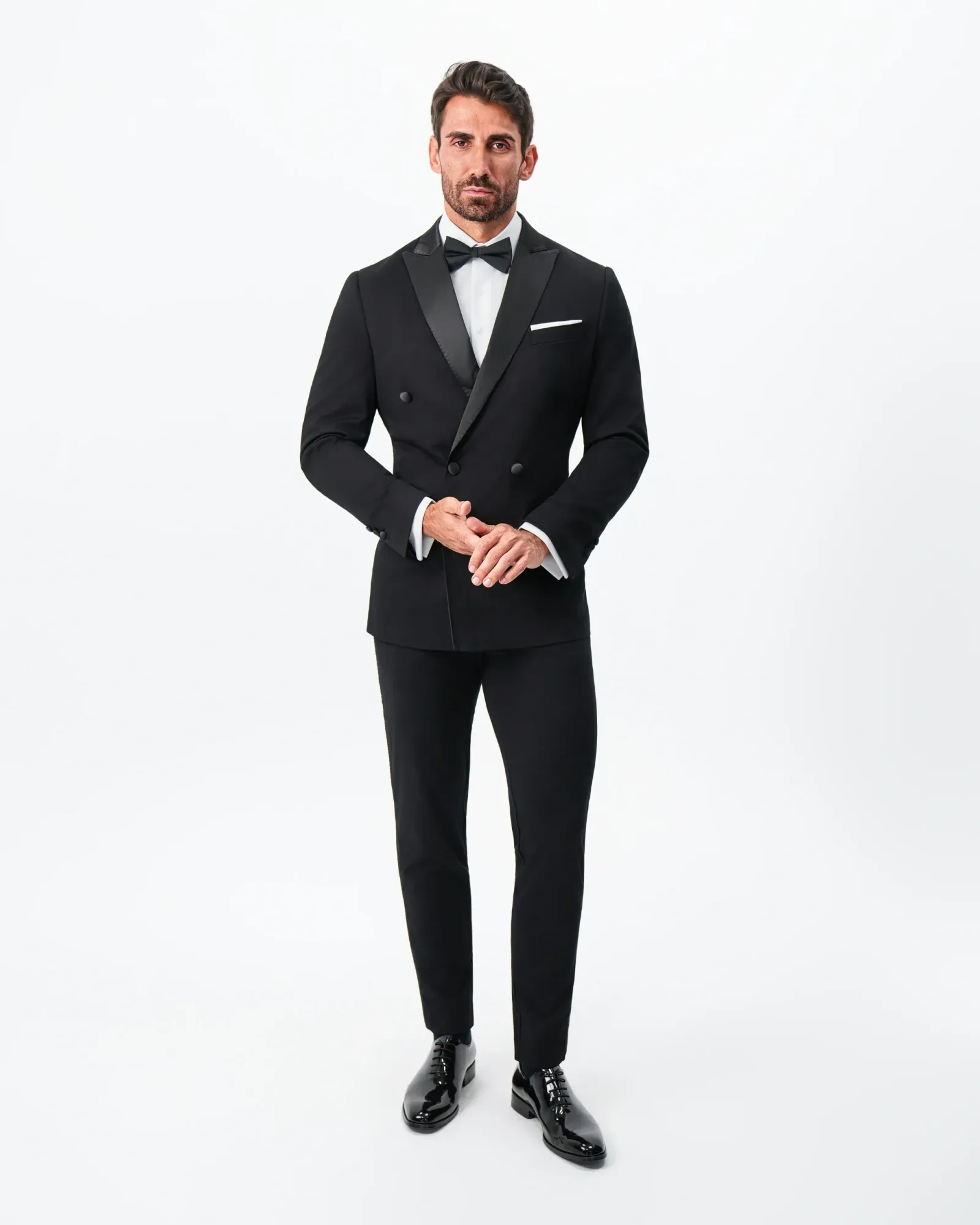 Athletic Fit Stretch Tuxedo Jacket – Double Breasted Solid Black with Peak Lapel