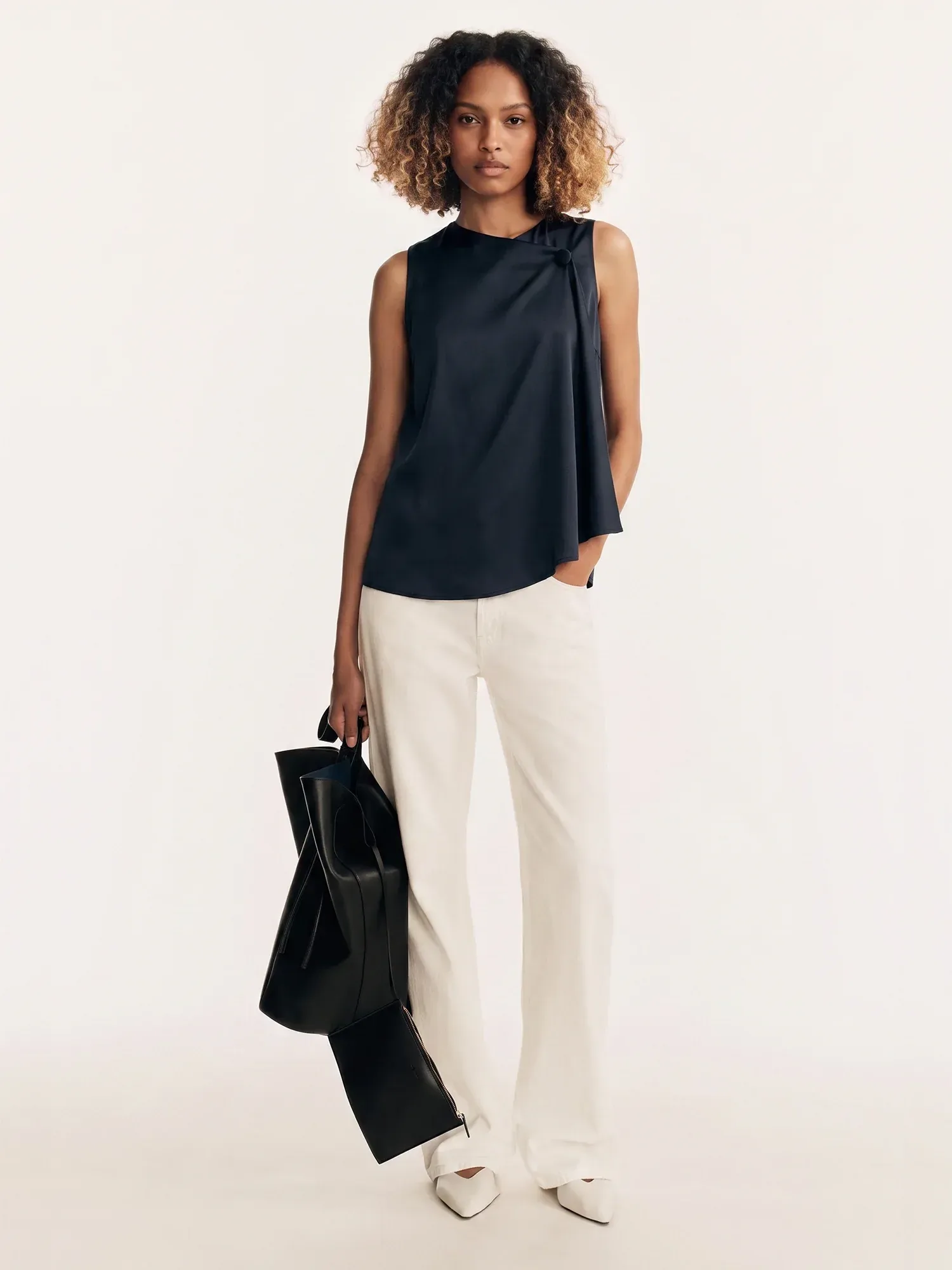 Aysmmetric Drape Neck Satin Top