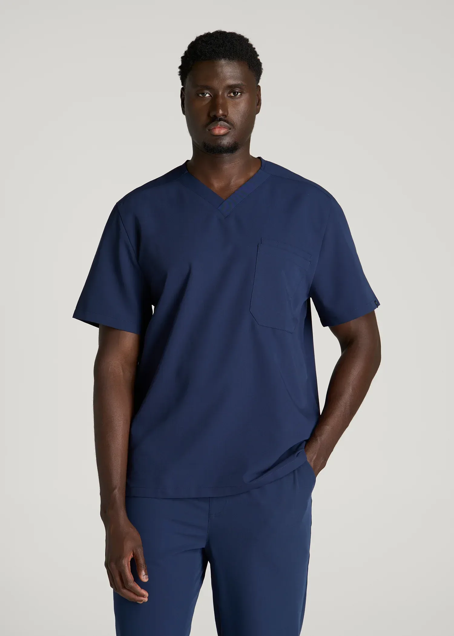 Short-Sleeve V-Neck Scrub Top for Tall Men in Navy Blue