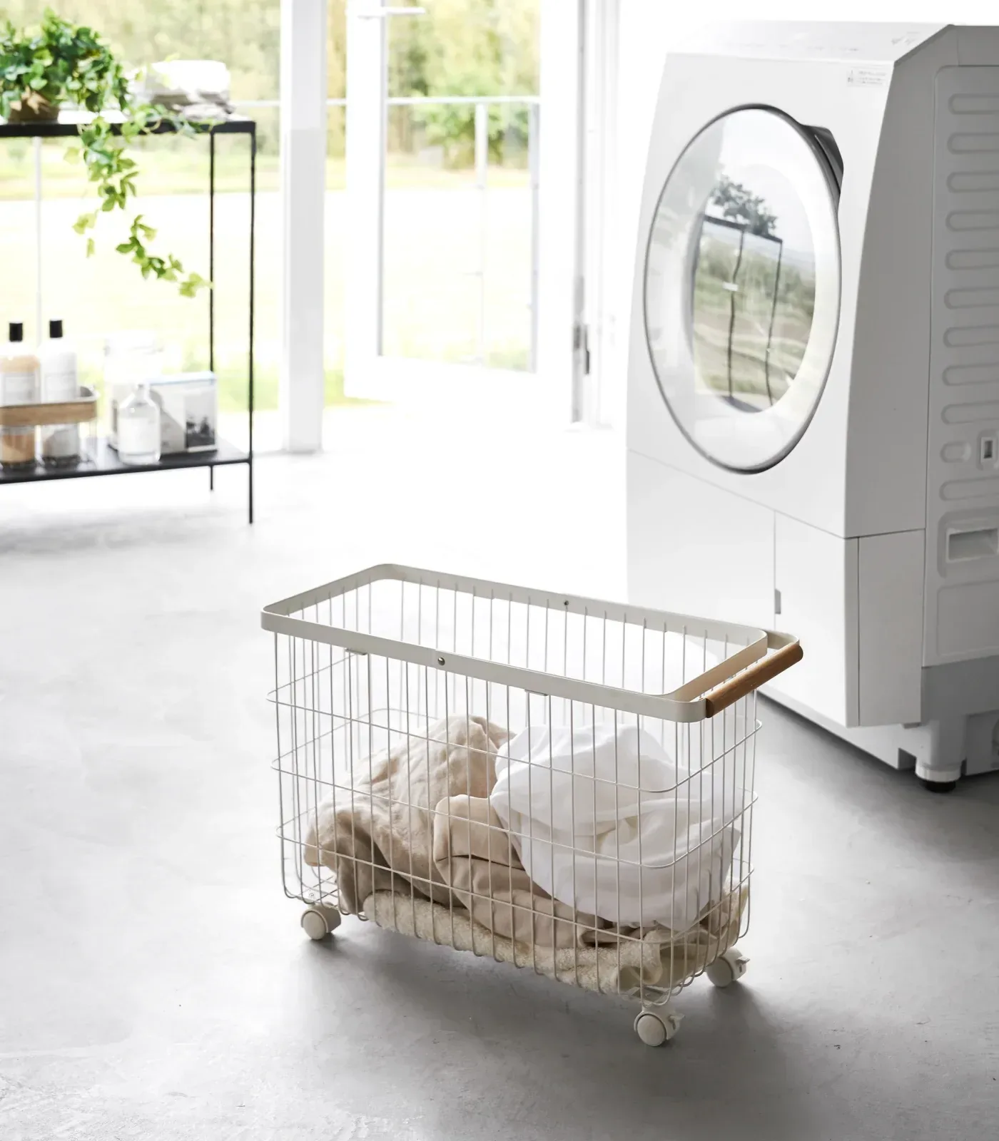 Rolling Wire Basket (15" H) – Steel + Wood